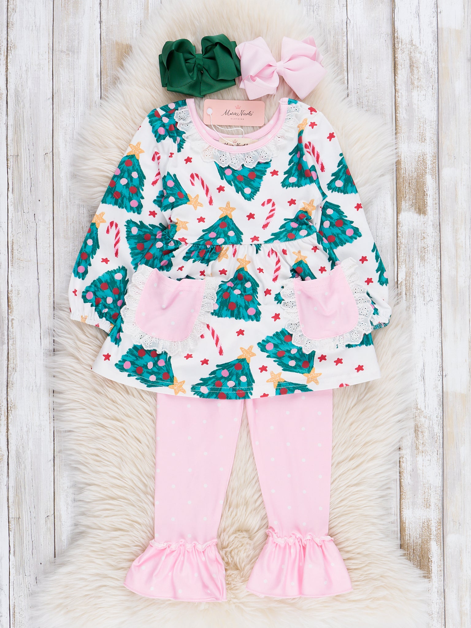 Pink Dots & Evergreens Pocket Outfit - Marie Nicole Clothing
