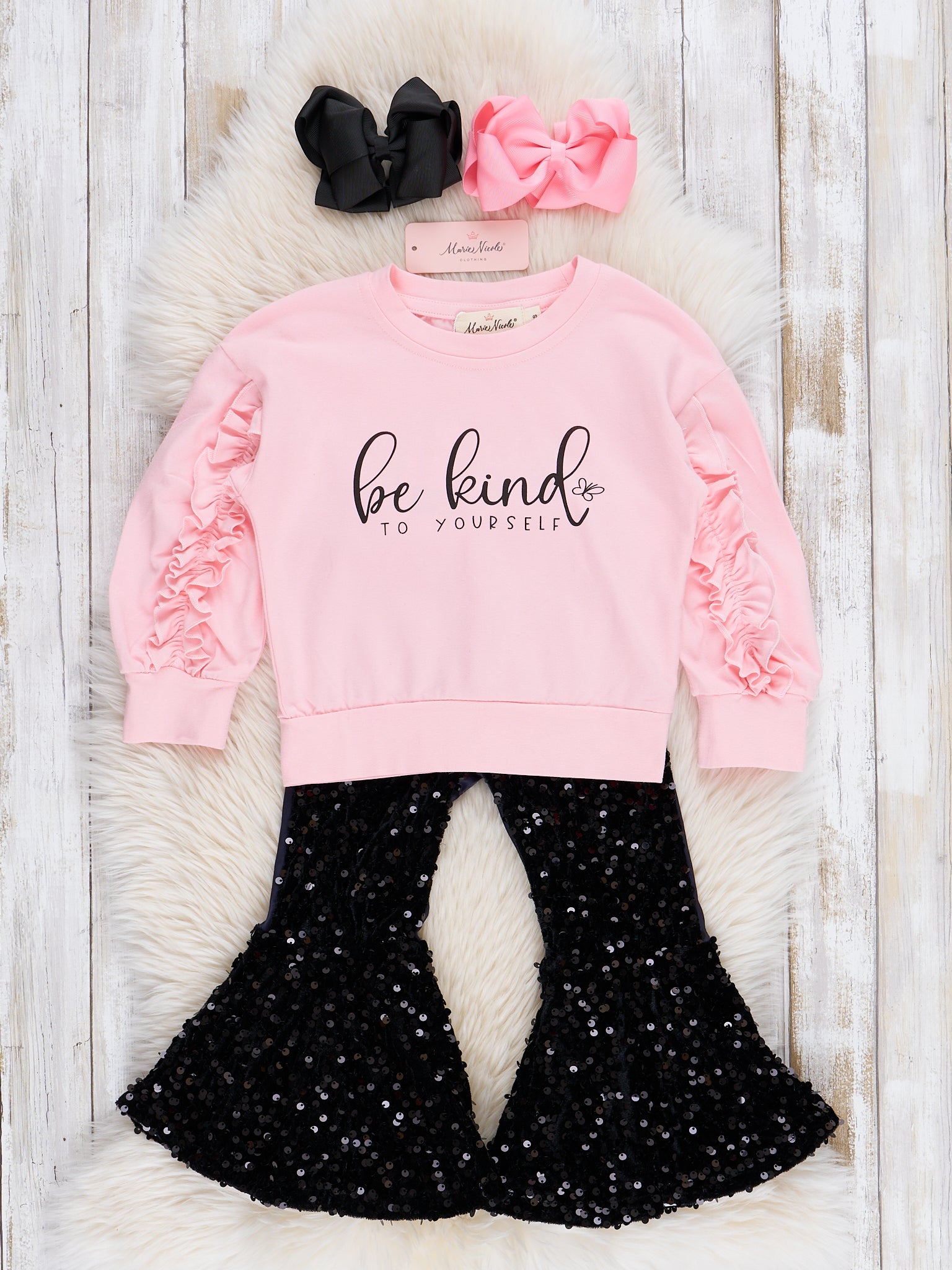Pink "Be Kind" Sequin Bell Bottoms Outfit - Marie Nicole Clothing