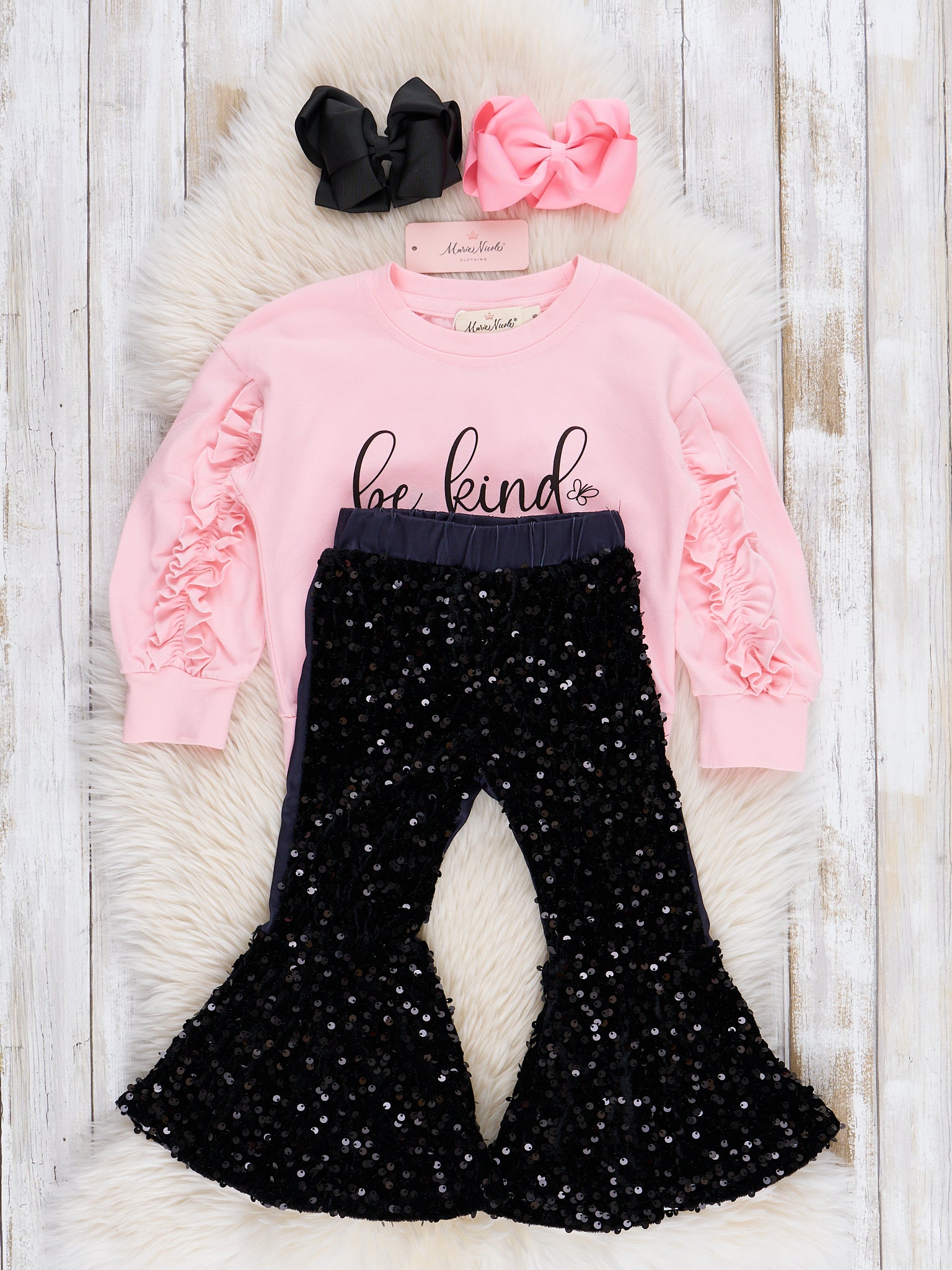 Pink "Be Kind" Sequin Bell Bottoms Outfit - Marie Nicole Clothing