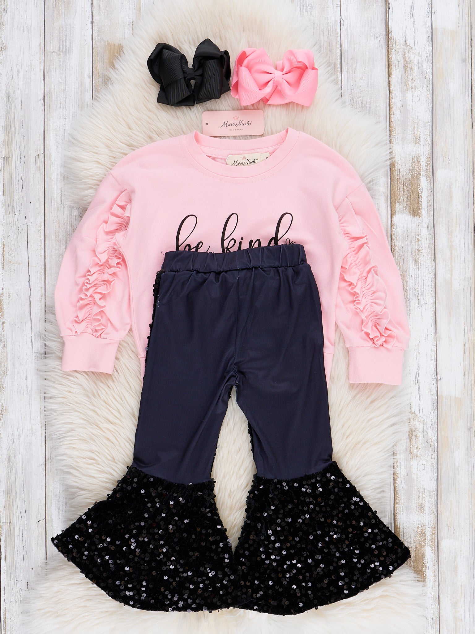 Pink "Be Kind" Sequin Bell Bottoms Outfit - Marie Nicole Clothing