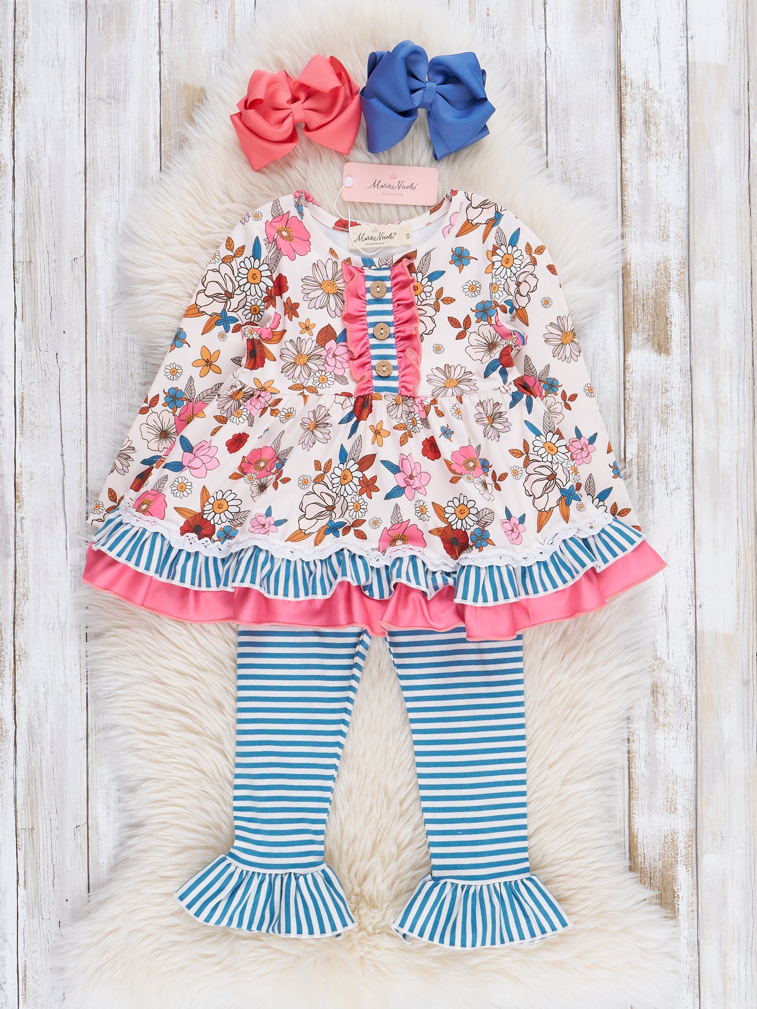 Pink & Blue Vintage Florals & Stripes Ruffle Outfit - Marie Nicole Clothing