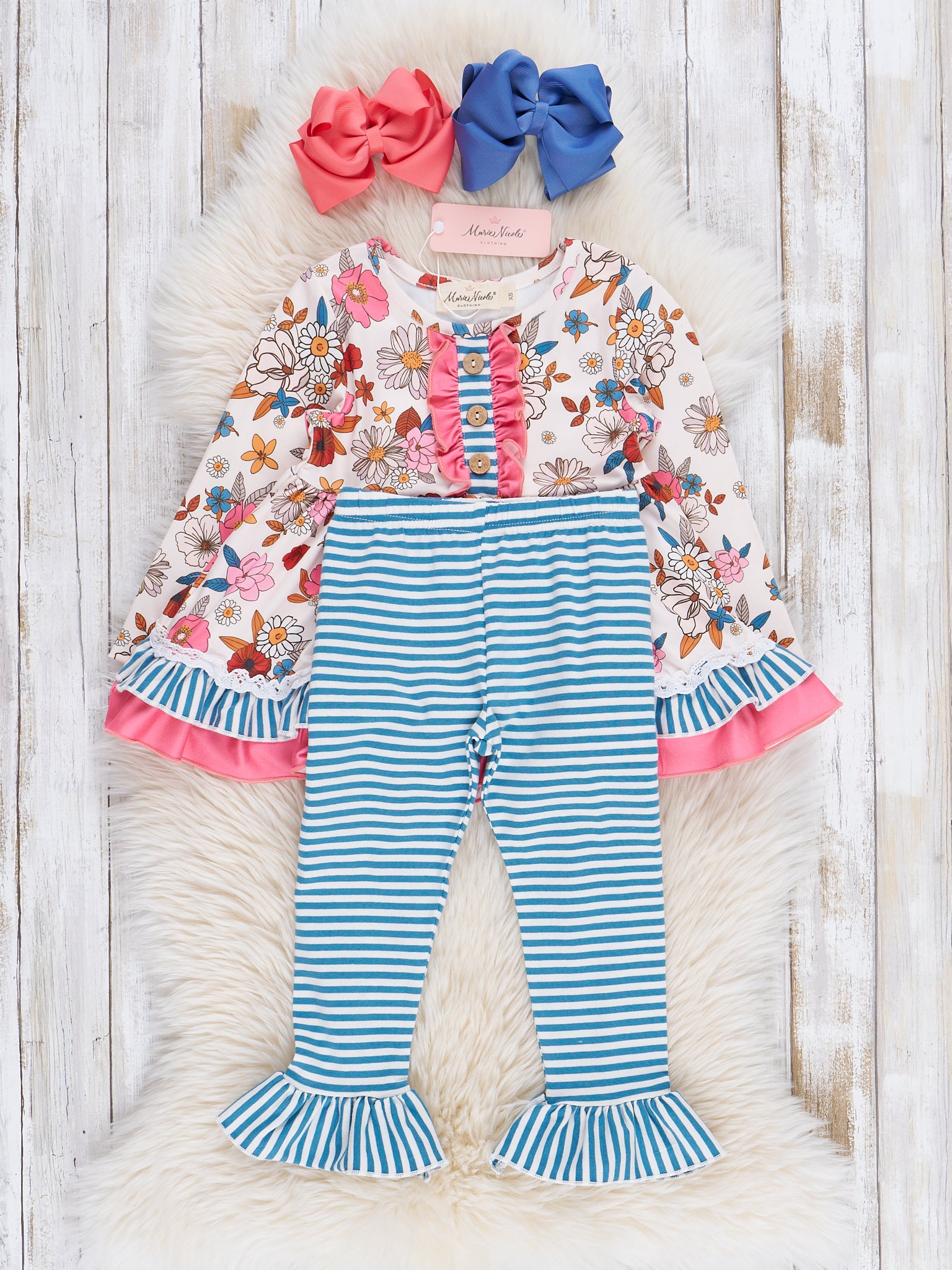 Pink & Blue Vintage Florals & Stripes Ruffle Outfit - Marie Nicole Clothing