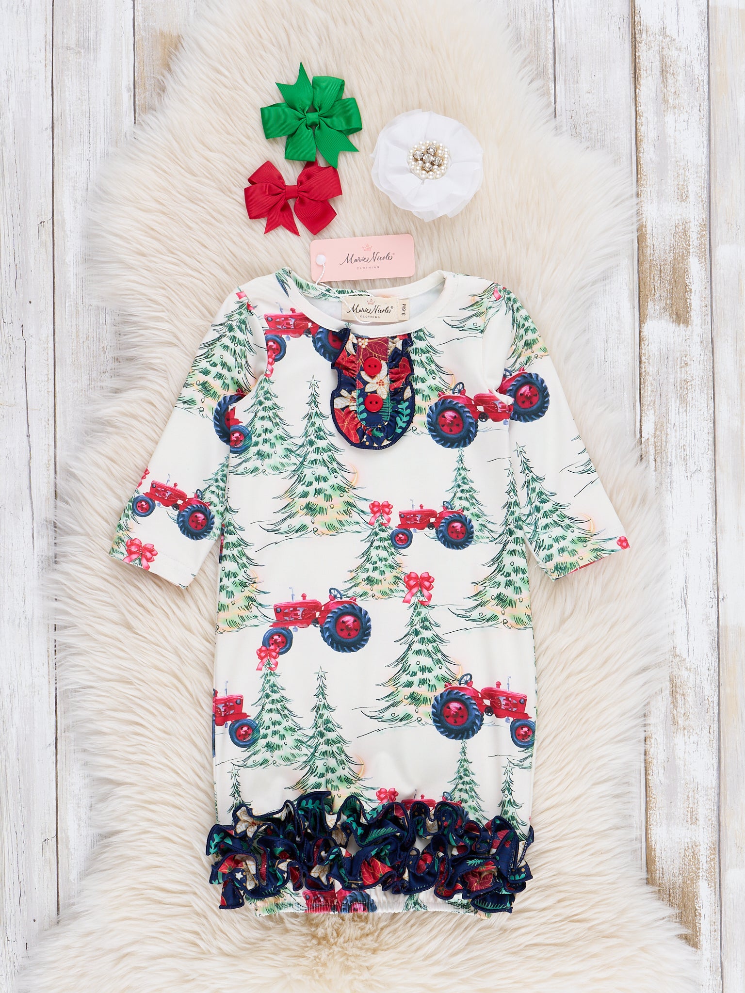 Christmas Tree Farm Tractor Infant Gown - Marie Nicole Clothing