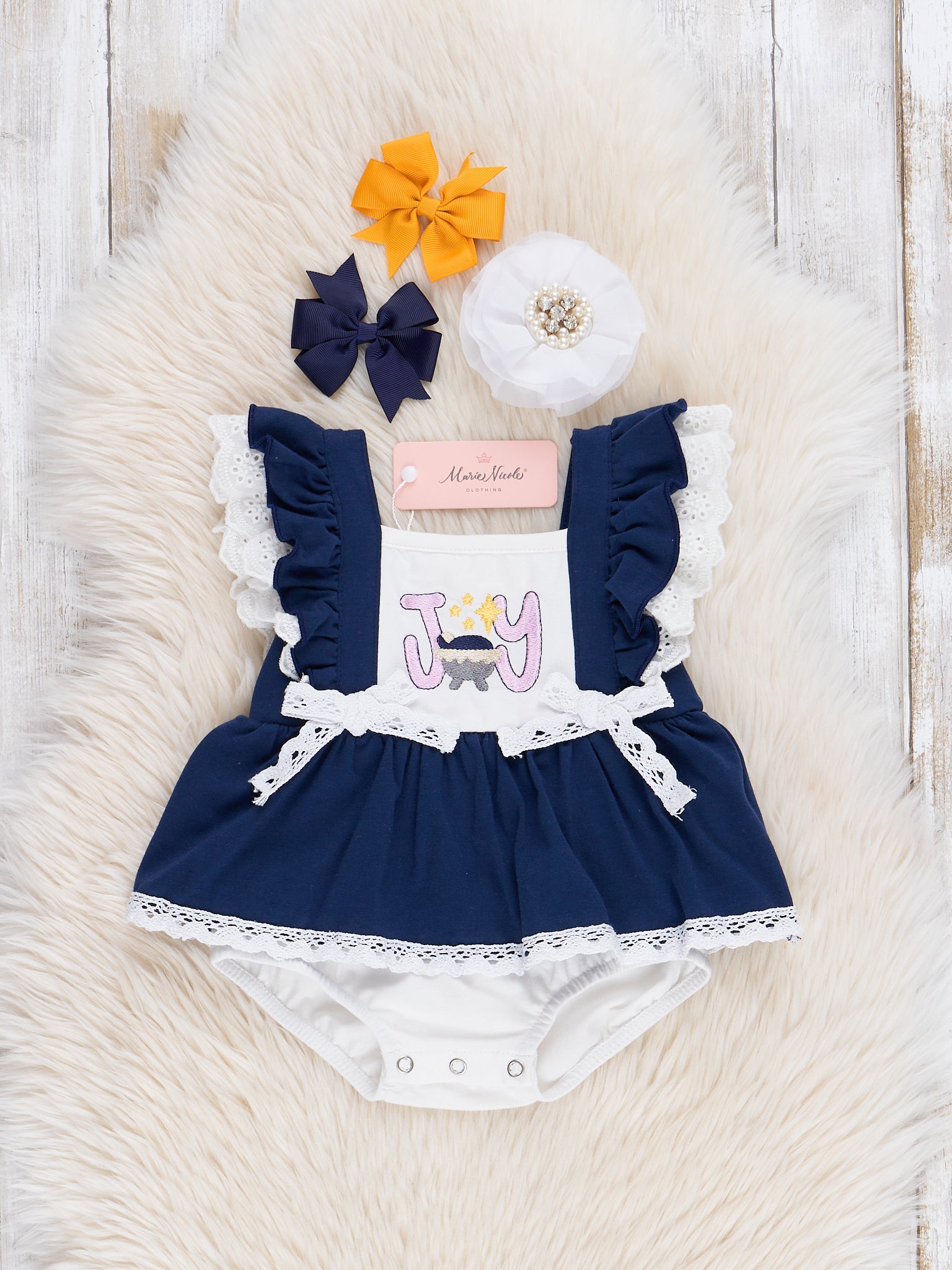 Christmas Blue Embroidered Joy Lace Ruffle Bubble Romper - Marie Nicole Clothing