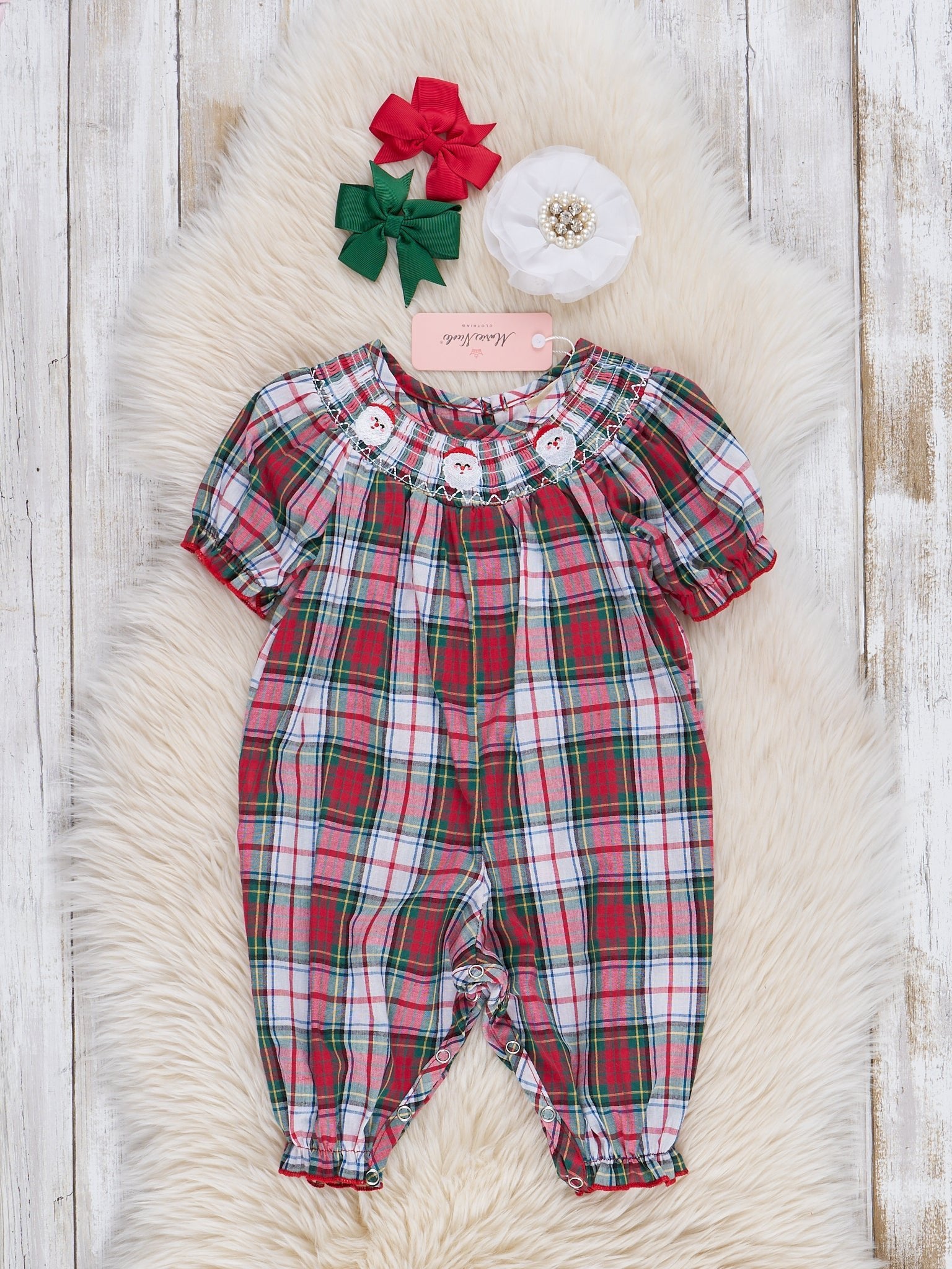 Vintage Christmas Plaid Smocked Romper - Marie Nicole Clothing
