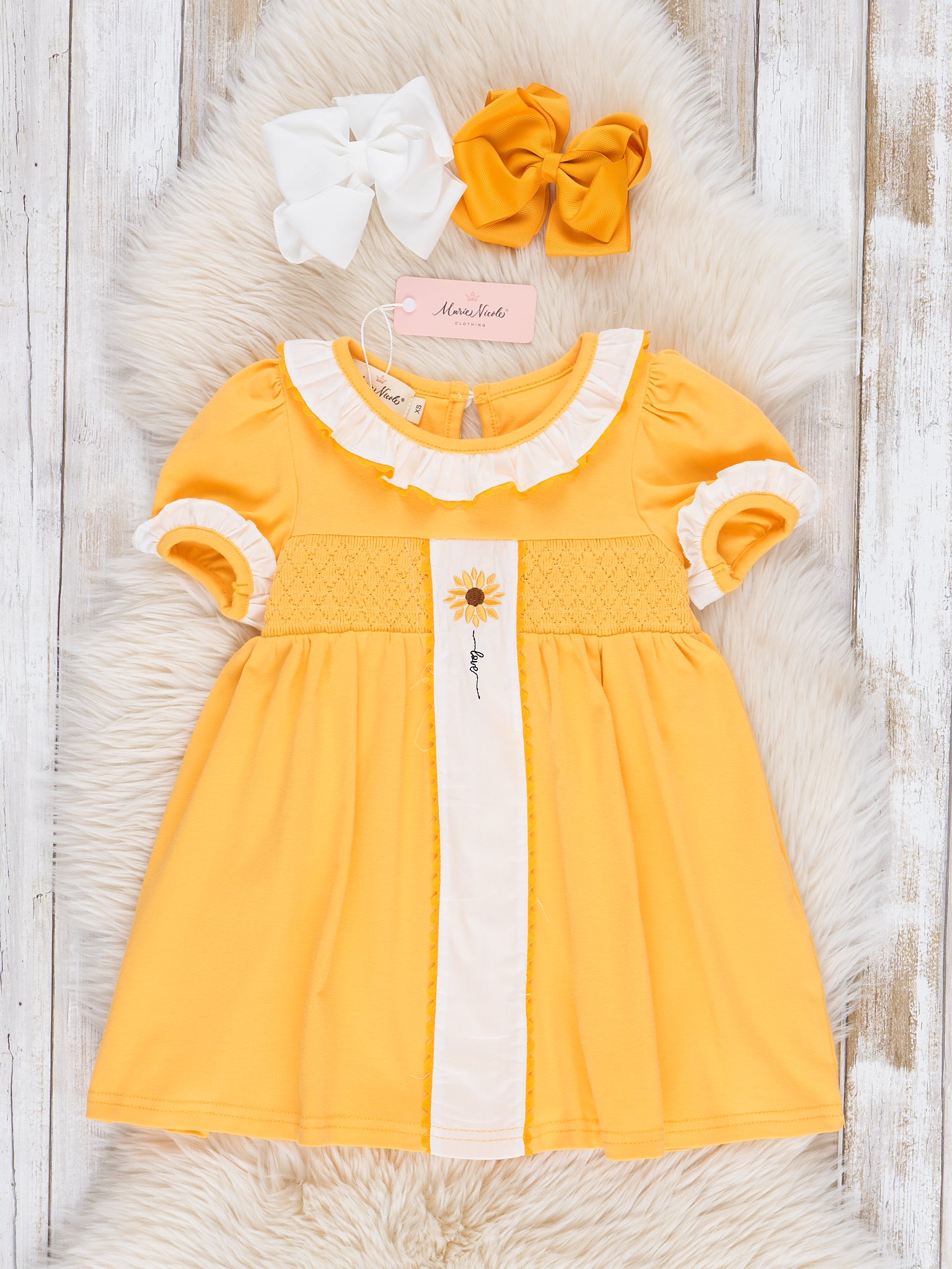 Sweet Sunflower Smocked Ruffle Dress - Marie Nicole Clothing