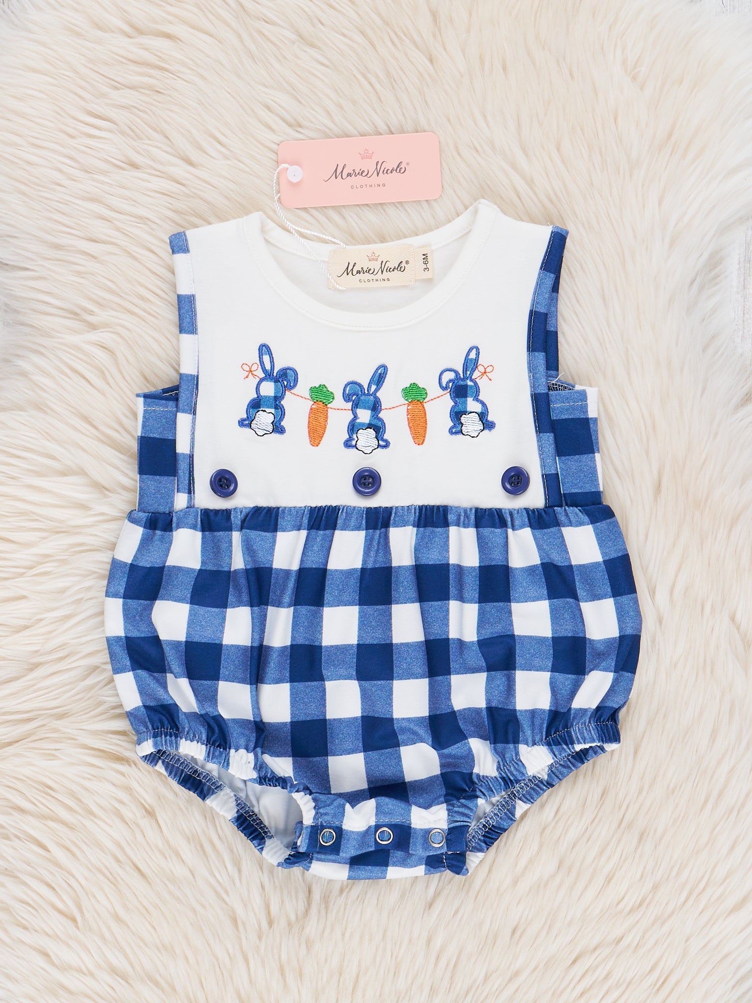 Blue Gingham Embroidered Bunny Romper - Marie Nicole Clothing