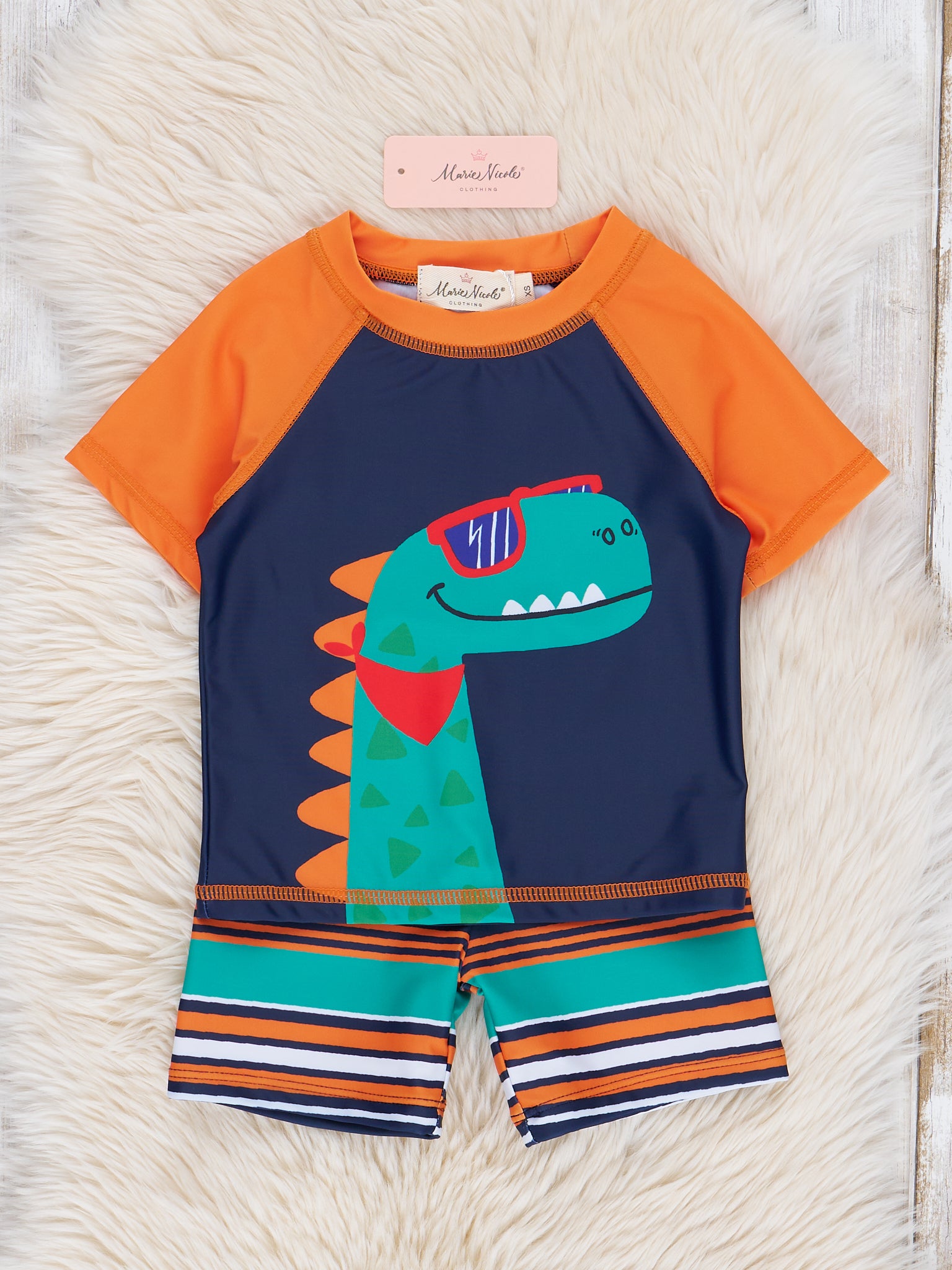 Navy Striped Dino Rash Guard & Swim Shorts - Marie Nicole Clothing