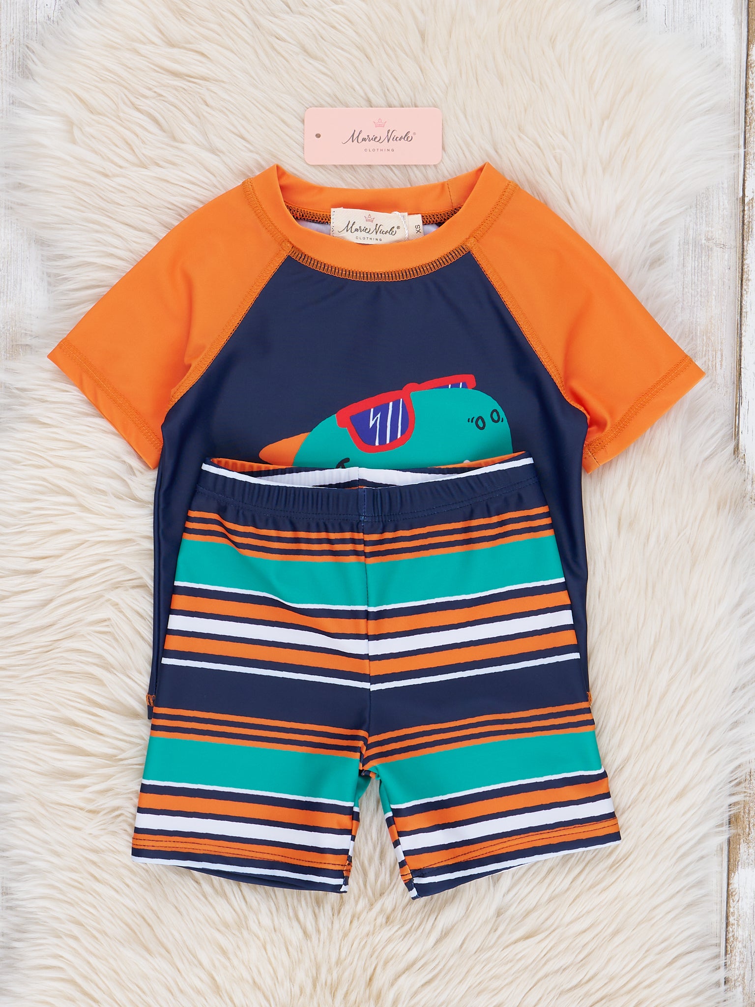Navy Striped Dino Rash Guard & Swim Shorts - Marie Nicole Clothing