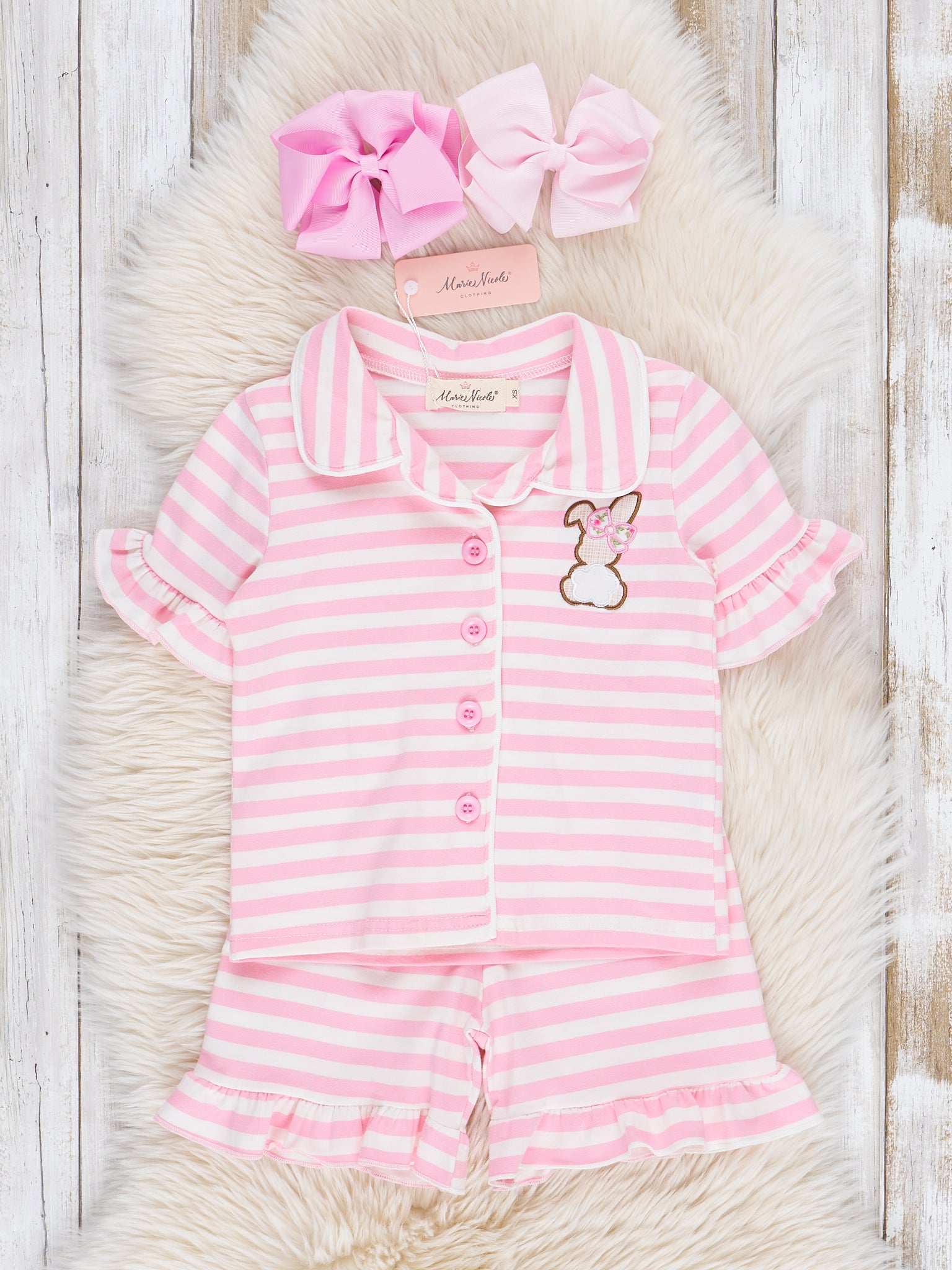 Striped Bunny & Carrots Pink Ruffle Pajamas - Marie Nicole Clothing