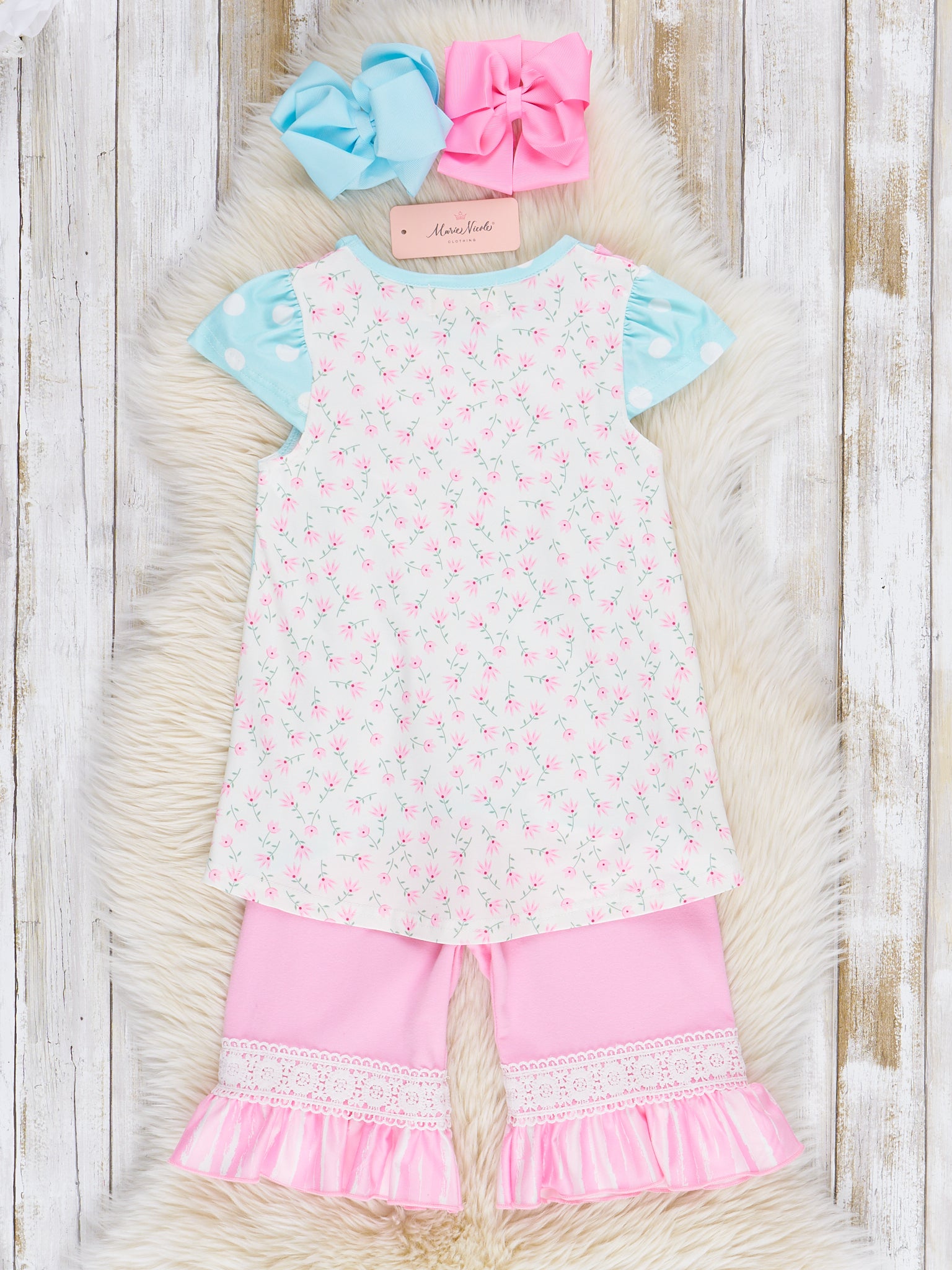 Sky Blue Polka Dot Ruffle Outfit - Marie Nicole Clothing