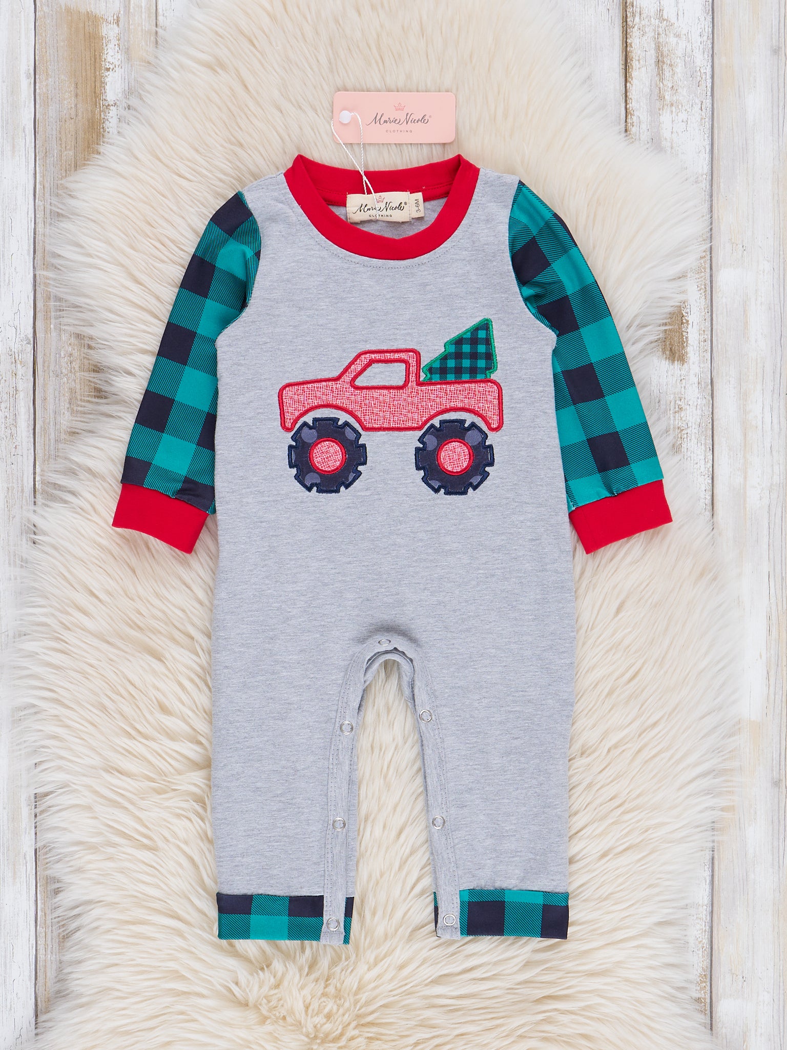 Green Gingham Holiday Monster Truck Romper - Marie Nicole Clothing