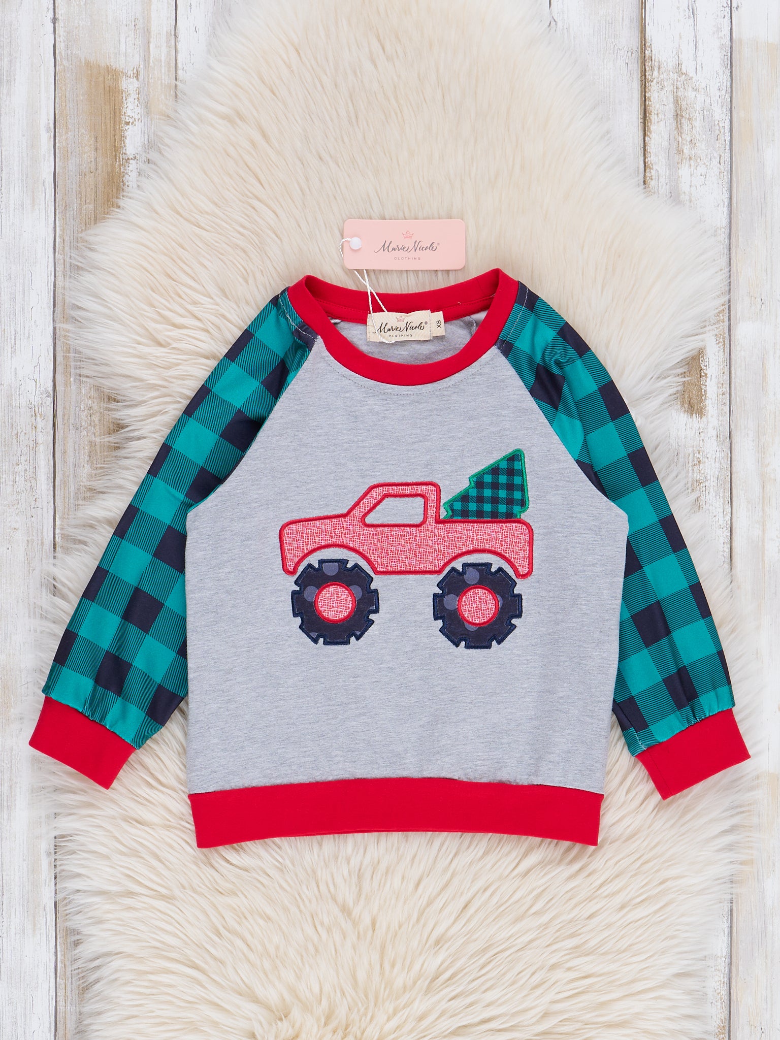 Green Gingham Holiday Monster Truck Shirt - Marie Nicole Clothing