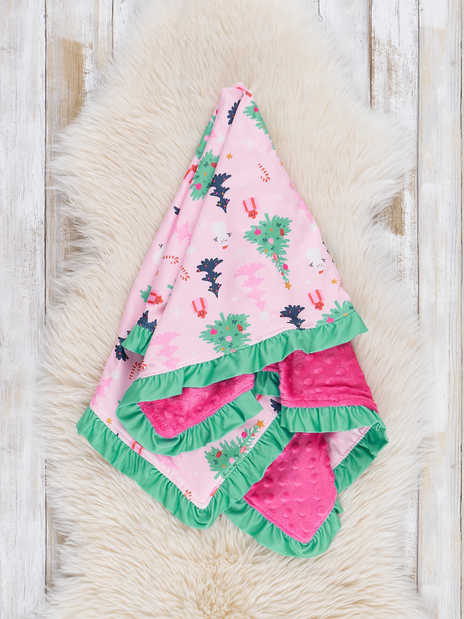 Pink & Green Holiday Forest Ruffle Minky Blanket - Marie Nicole Clothing