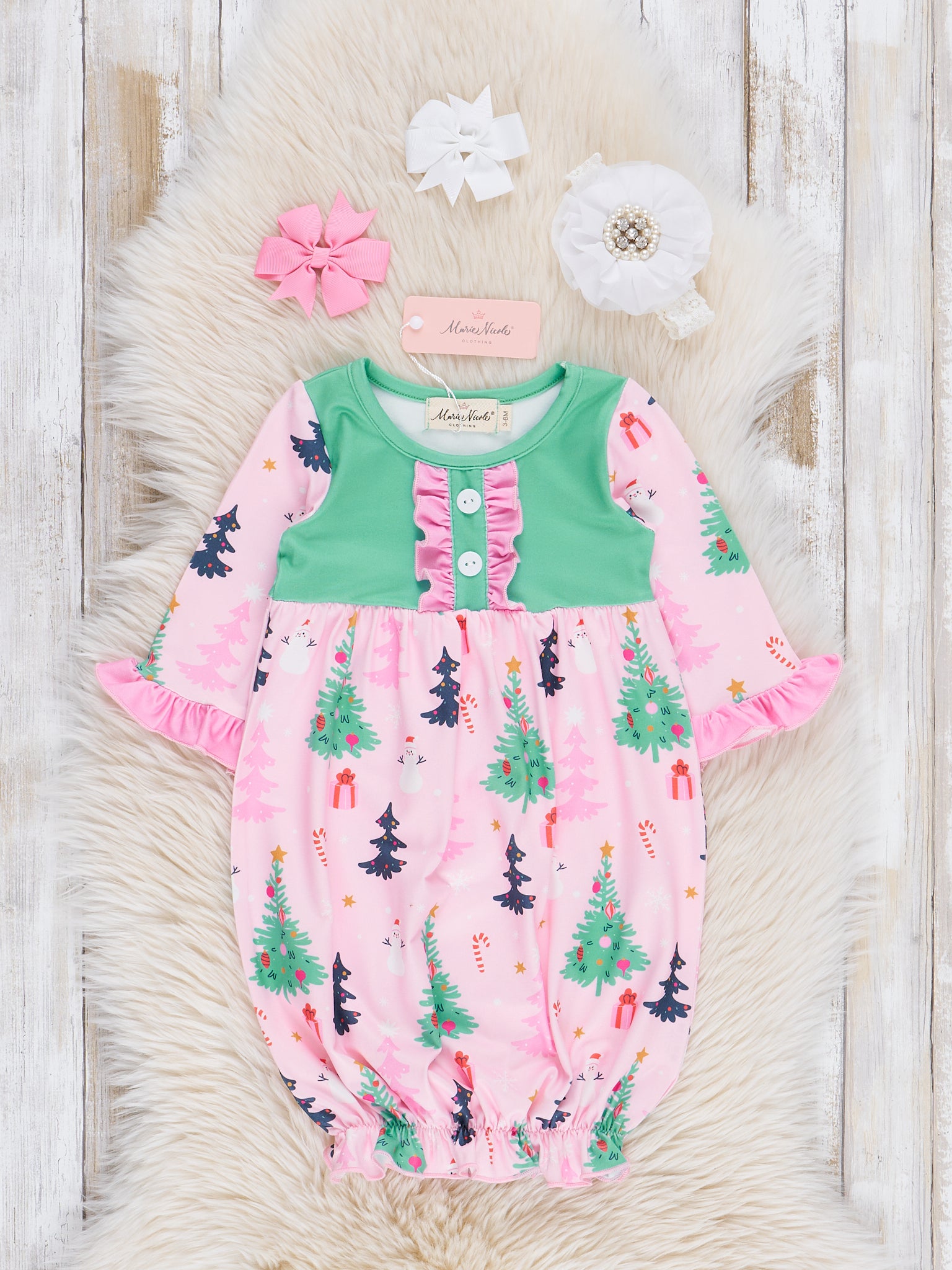 Pink & Green Holiday Forest Ruffle Sleep Gown - Marie Nicole Clothing