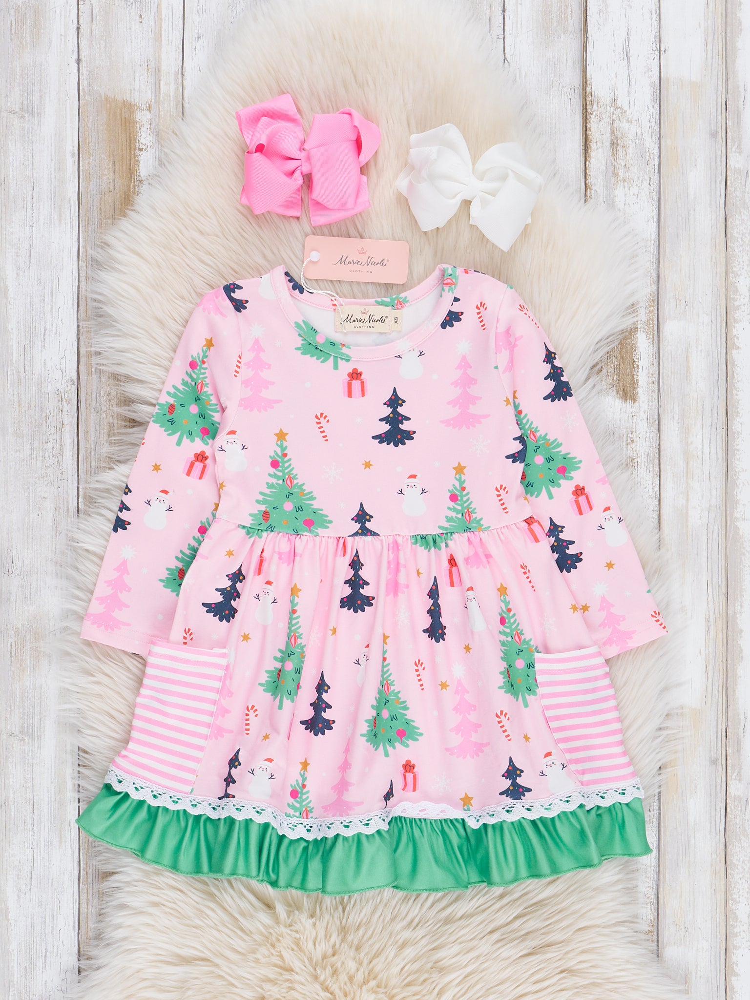 Pink & Green Holiday Forest Ruffle Dress - Marie Nicole Clothing