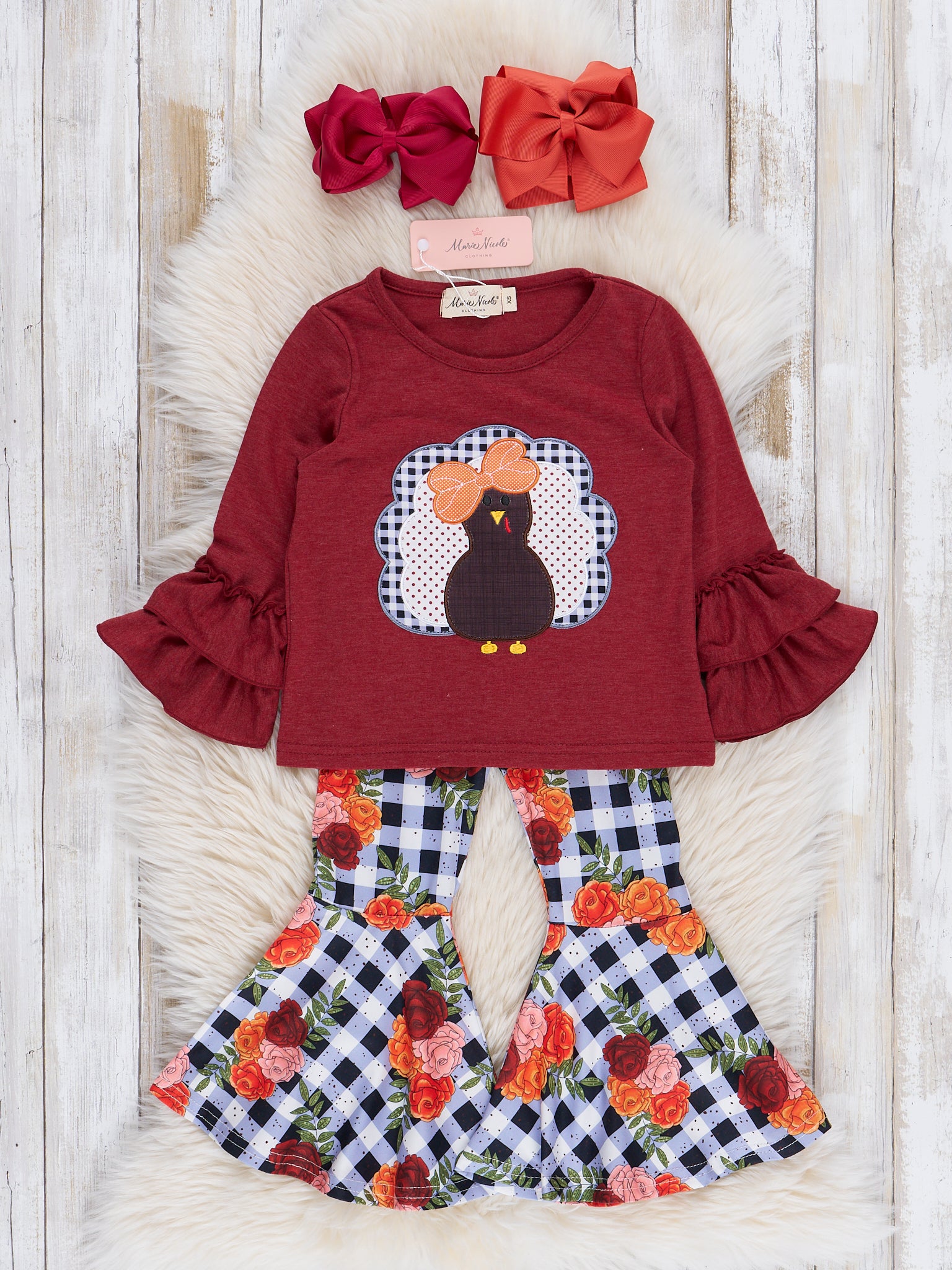 Burgundy Embroidered Turkey Bell Bottoms Outfit - Marie Nicole Clothing