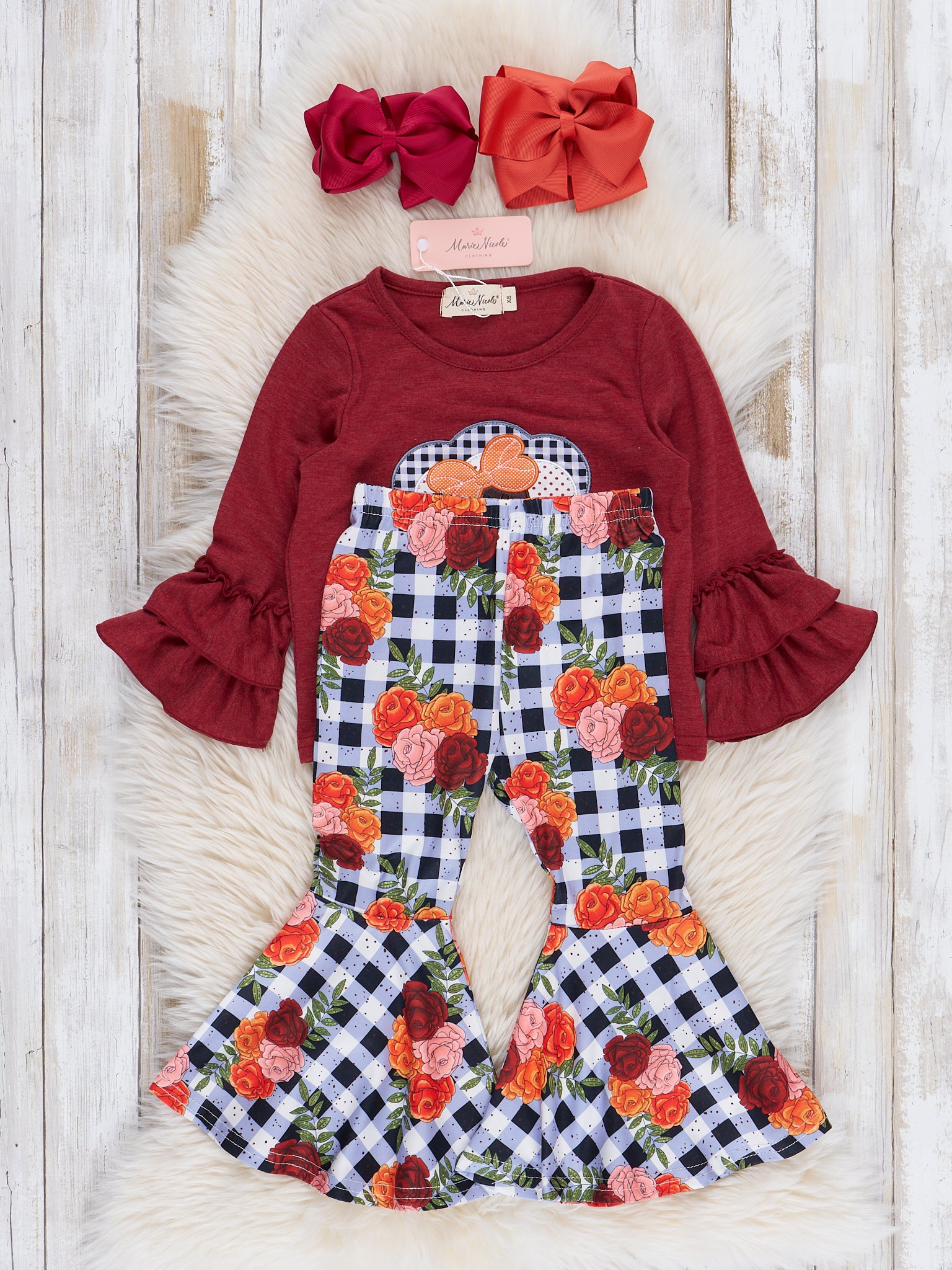 Burgundy Embroidered Turkey Bell Bottoms Outfit - Marie Nicole Clothing