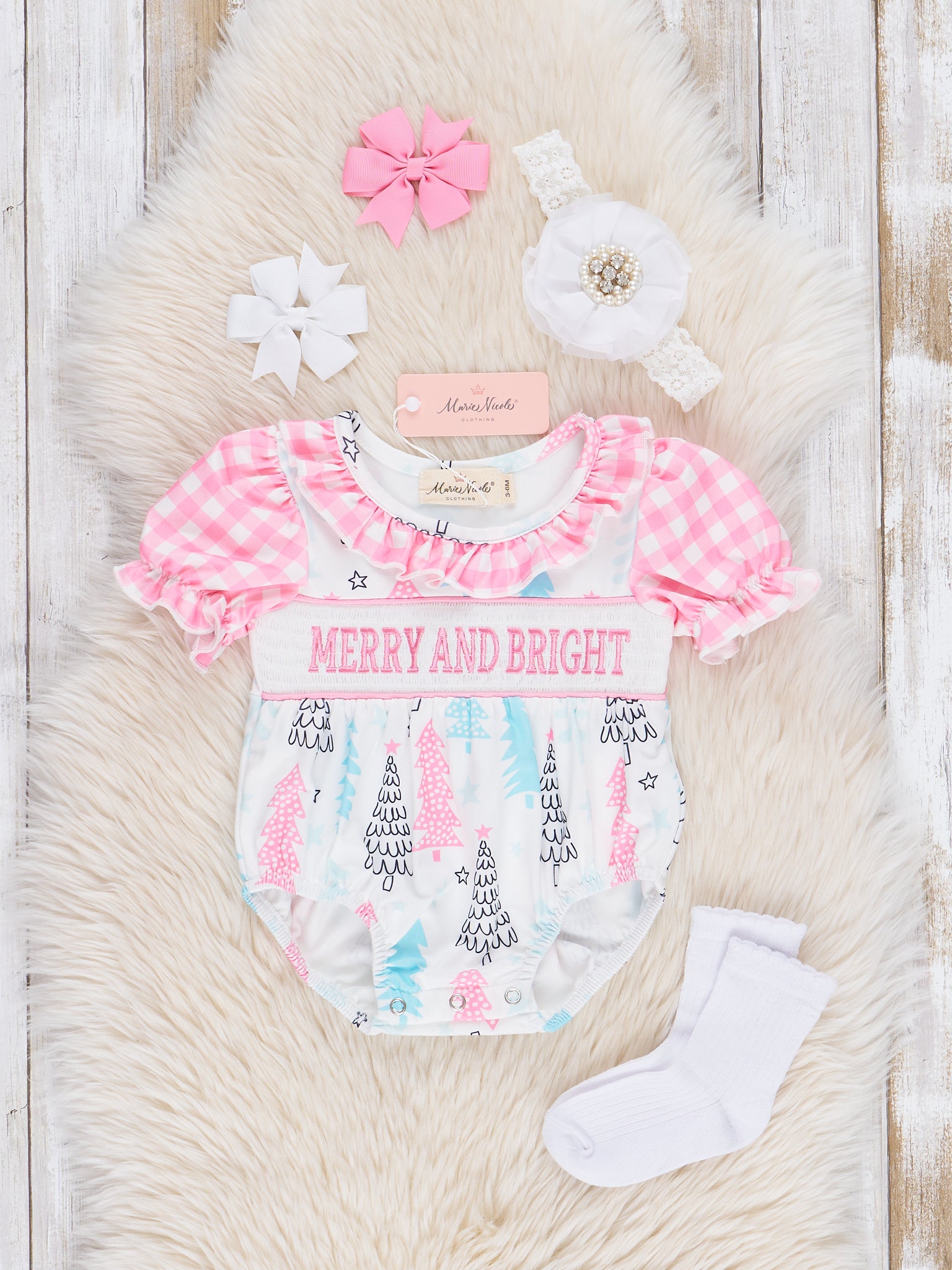 Merry & Bright Smocked Ruffle Bubble Romper - Marie Nicole Clothing