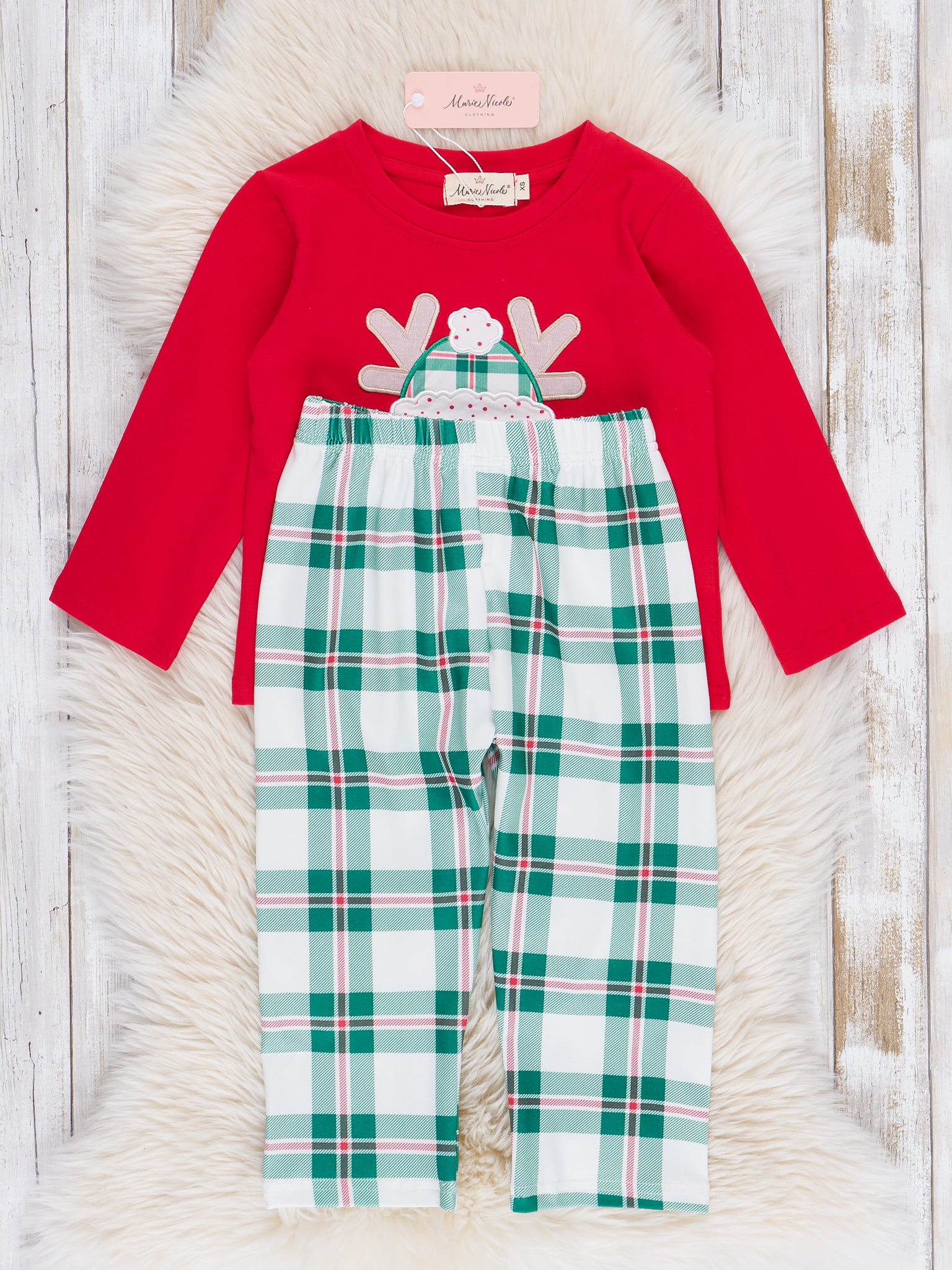 Red & Green Plaid Reindeer Outfit - Marie Nicole Clothing