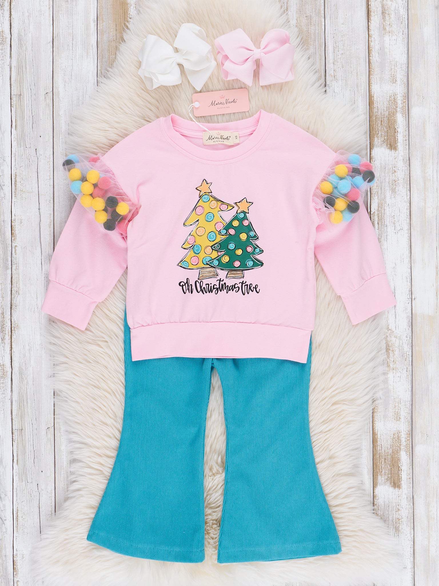 Pink Christmas Pom Poms Flare Pants Outfit - Marie Nicole Clothing