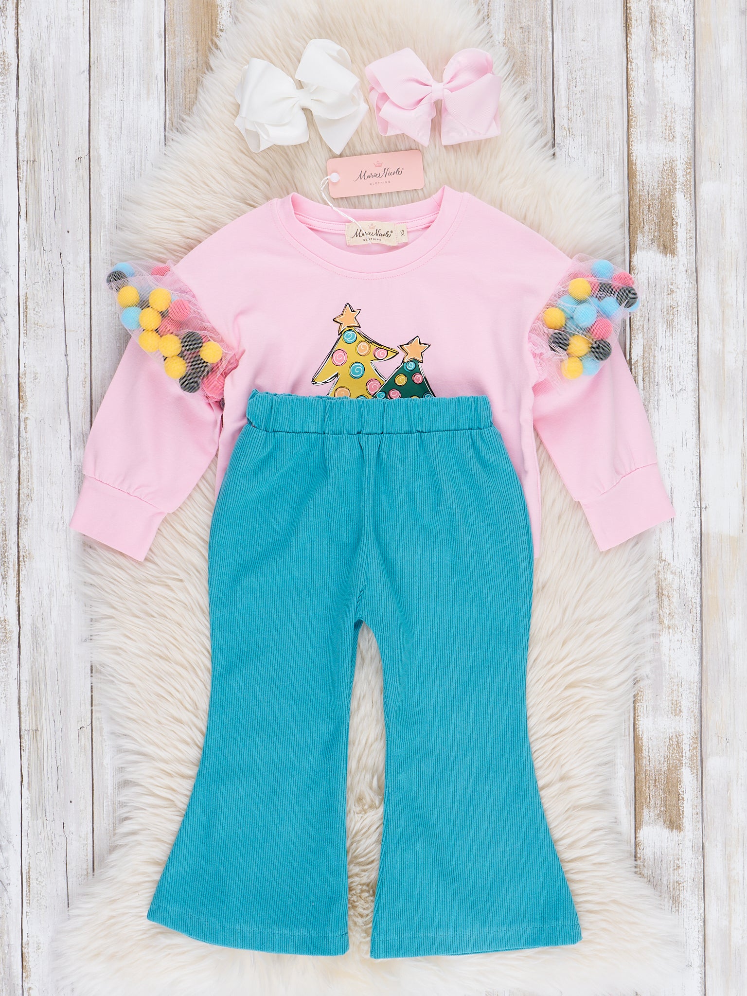 Pink Christmas Pom Poms Flare Pants Outfit - Marie Nicole Clothing