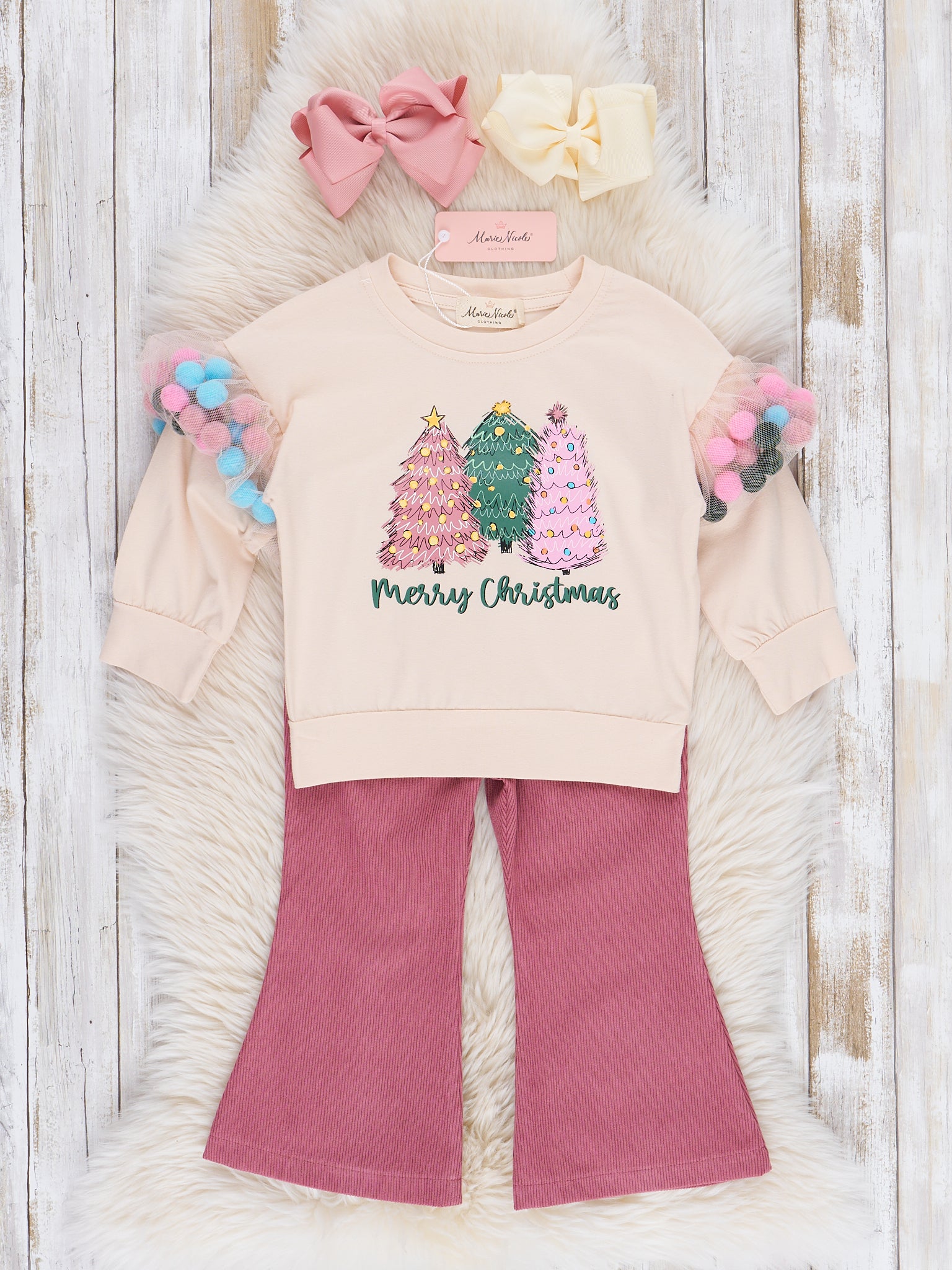 Mauve Christmas Pom Poms Flare Pants Outfit - Marie Nicole Clothing