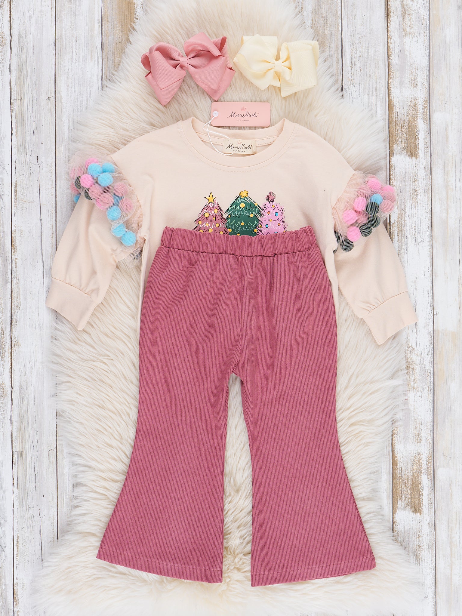Mauve Christmas Pom Poms Flare Pants Outfit - Marie Nicole Clothing