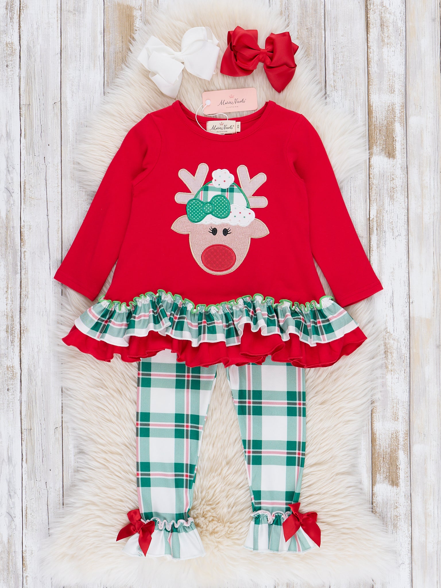 Red & Green Plaid Reindeer Ruffle Outfit - Marie Nicole Clothing
