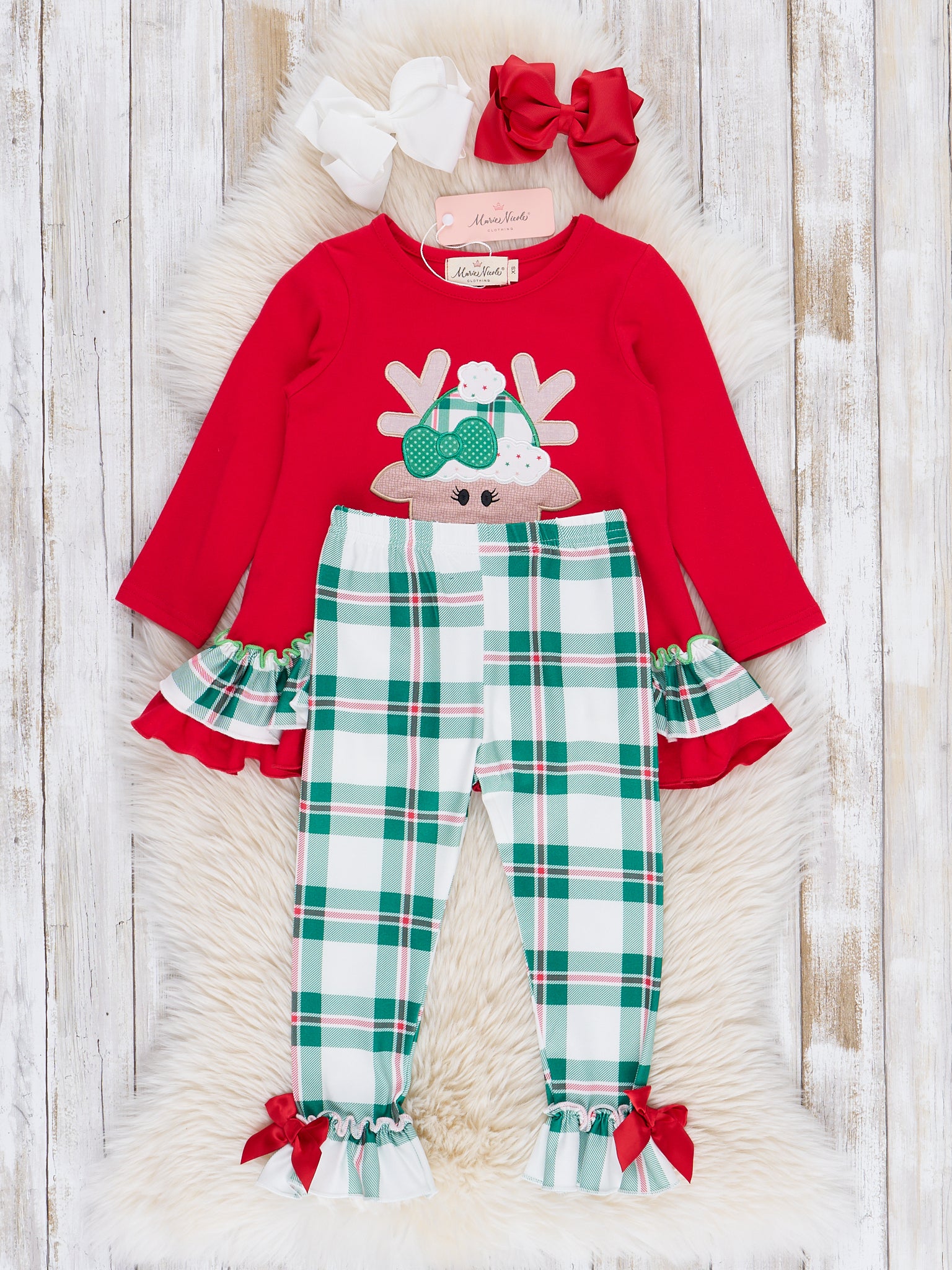 Red & Green Plaid Reindeer Ruffle Outfit - Marie Nicole Clothing