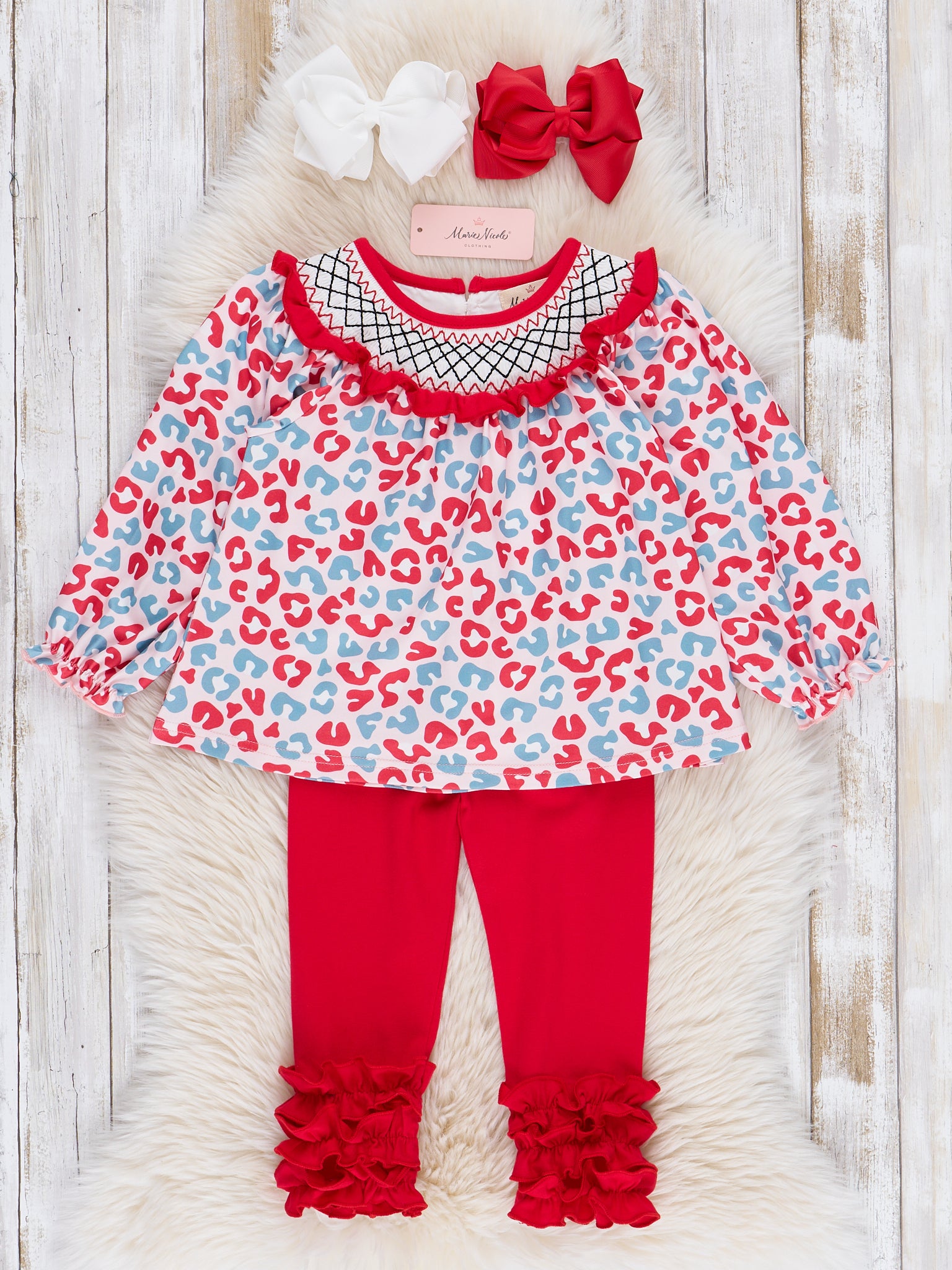 Merry Leopard Smock Neck Ruffle Outfit - Marie Nicole Clothing
