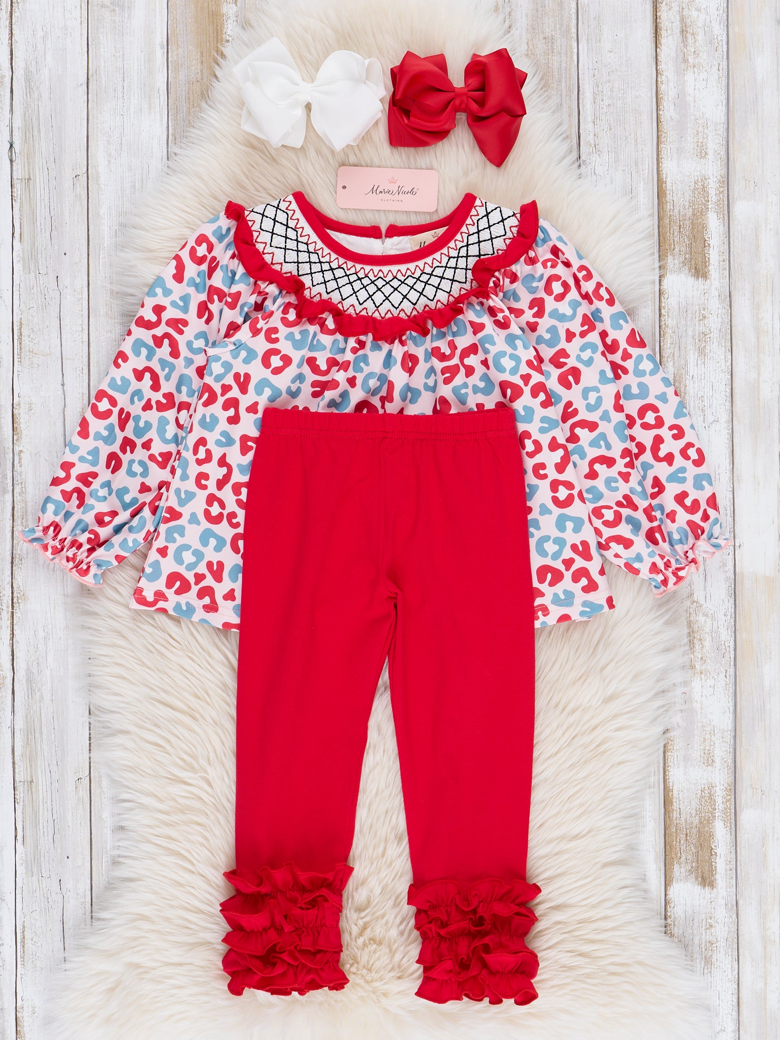 Merry Leopard Smock Neck Ruffle Outfit - Marie Nicole Clothing