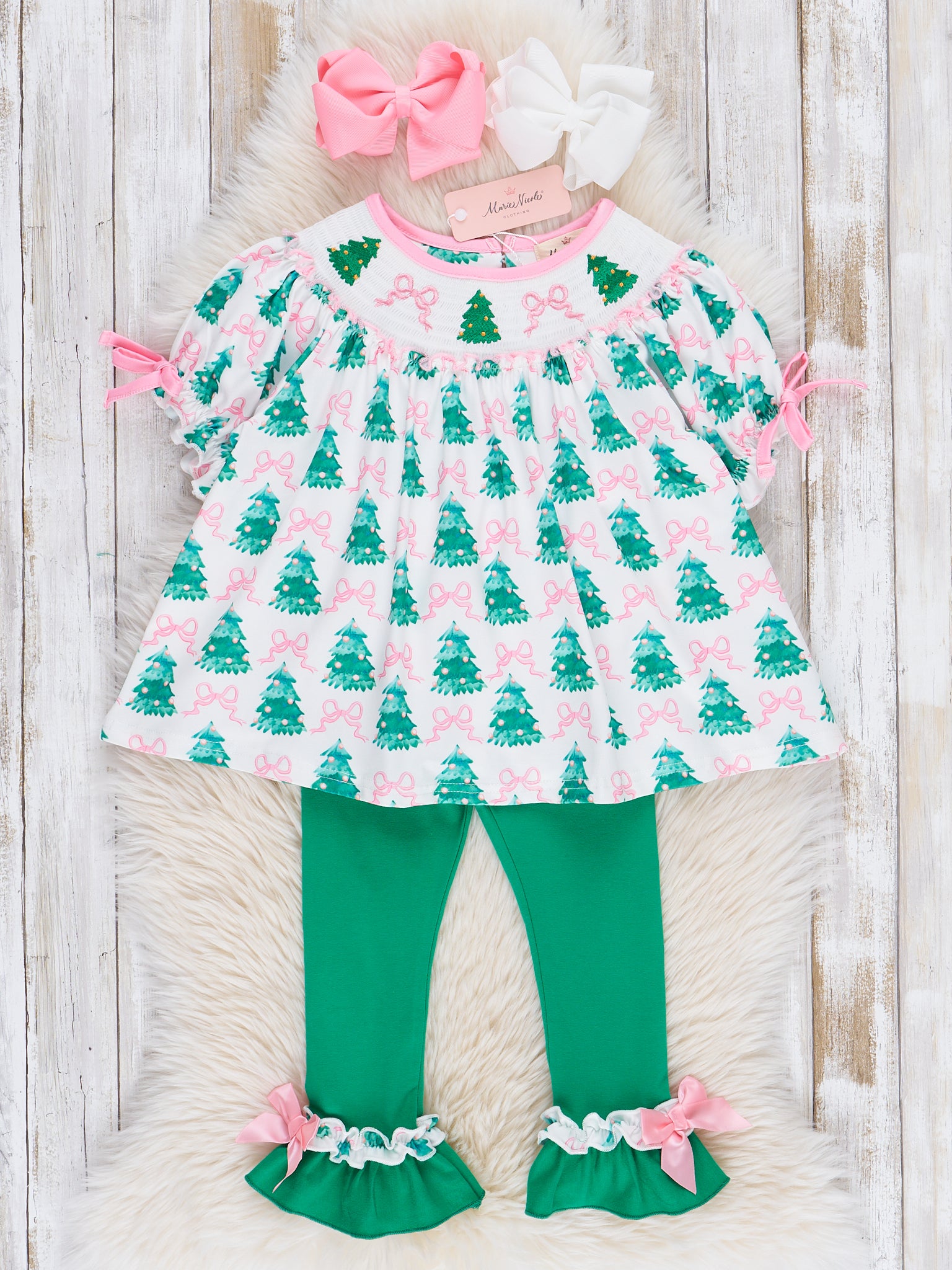 Pink Bows & Evergreens Smocked Outfit - Marie Nicole Clothing