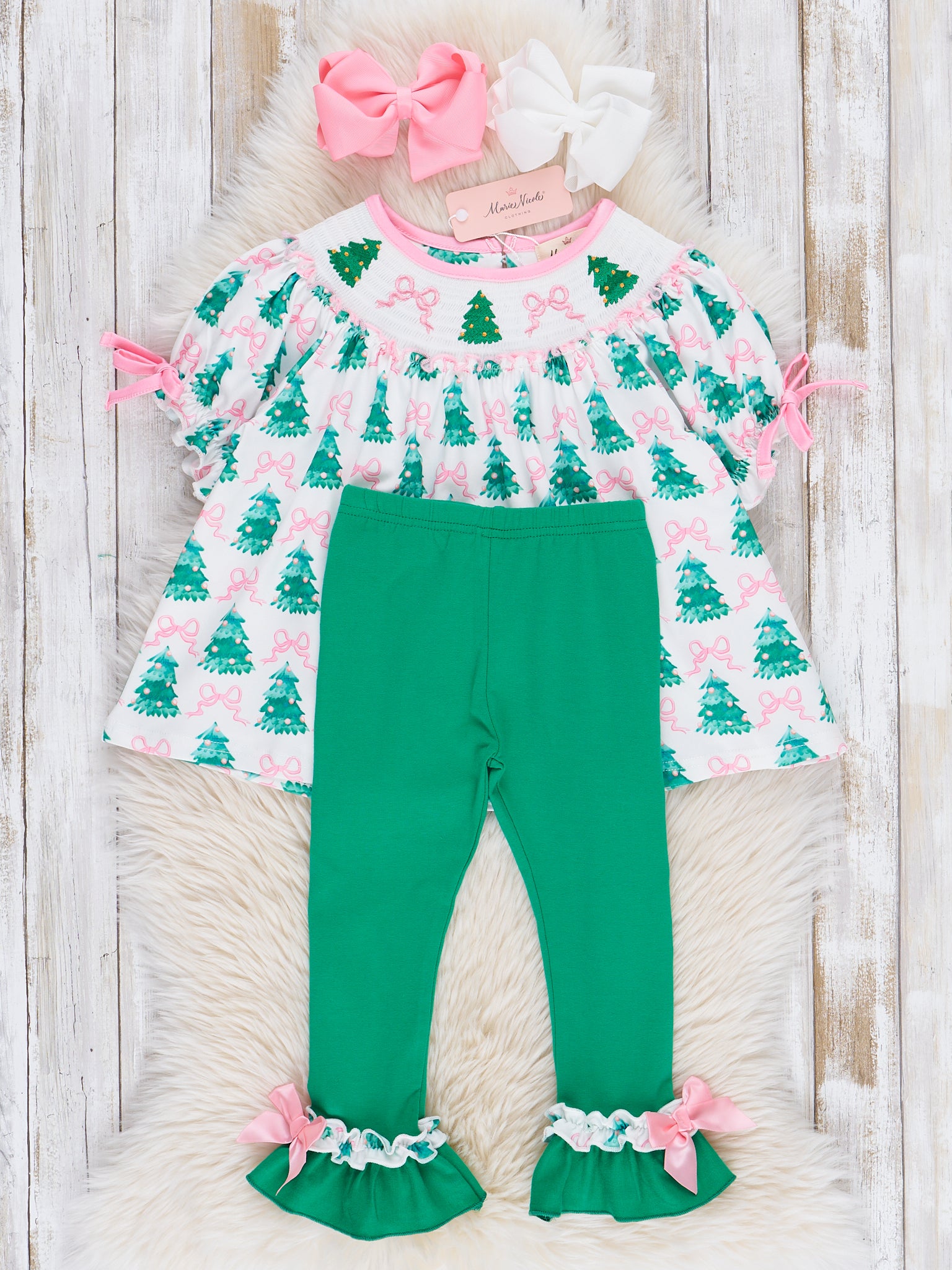 Pink Bows & Evergreens Smocked Outfit - Marie Nicole Clothing