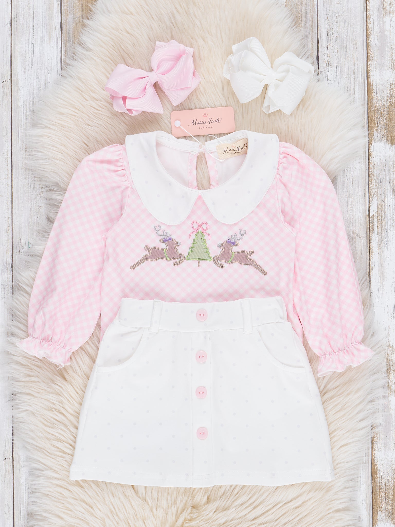 Pink Reindeer Prancing Reindeer Outfit w/ Skirt - Marie Nicole Clothing