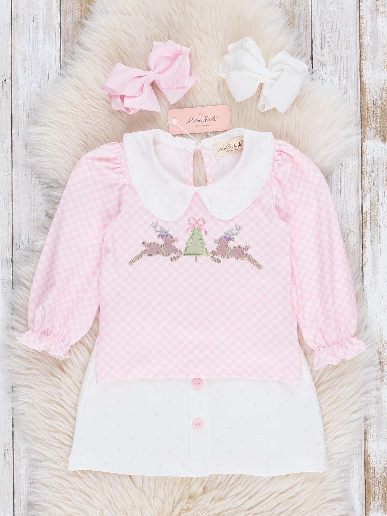 Pink Reindeer Prancing Reindeer Outfit w/ Skirt - Marie Nicole Clothing