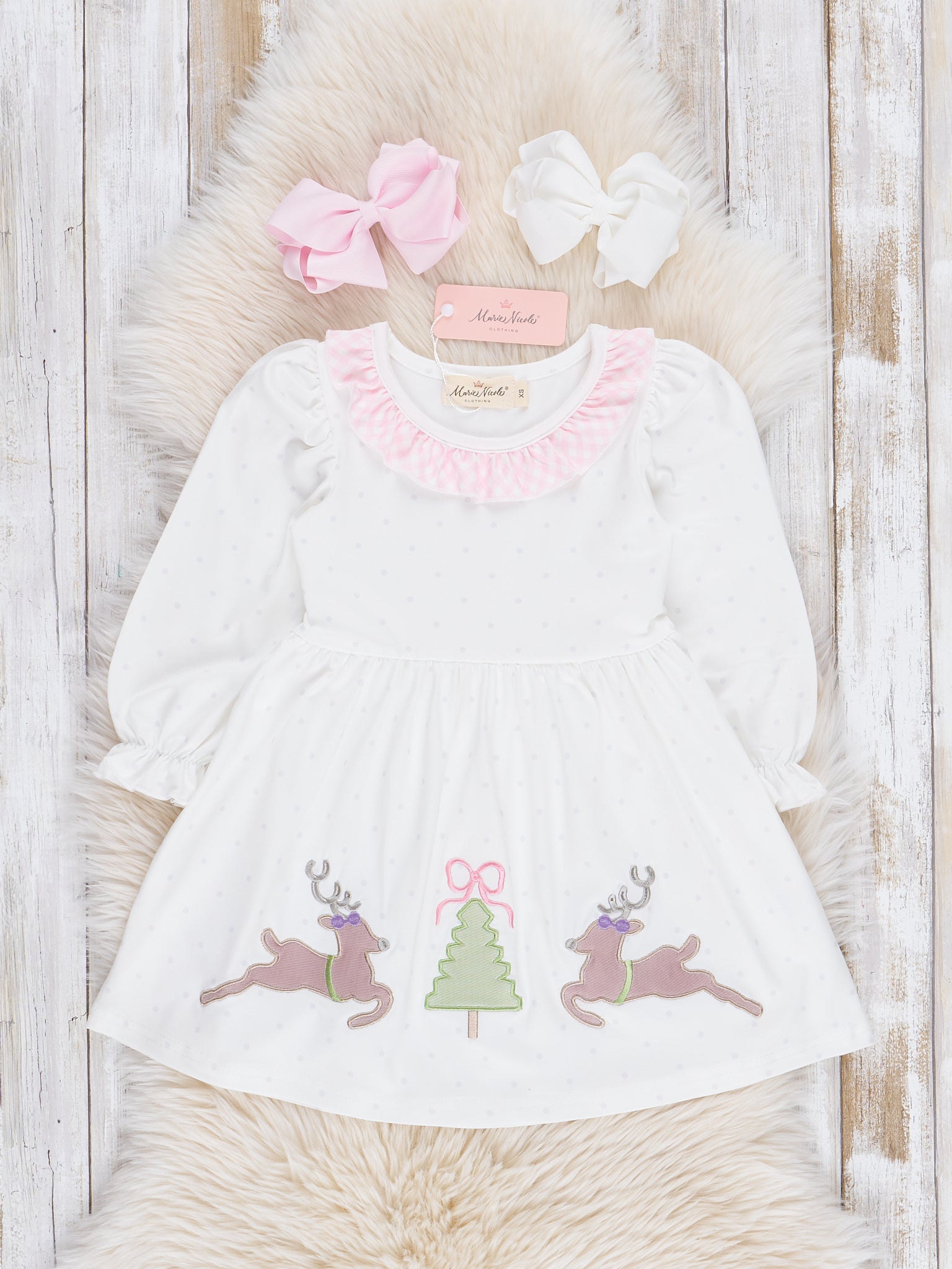 Pink Reindeer Prancing Reindeer Ruffle Dress - Marie Nicole Clothing