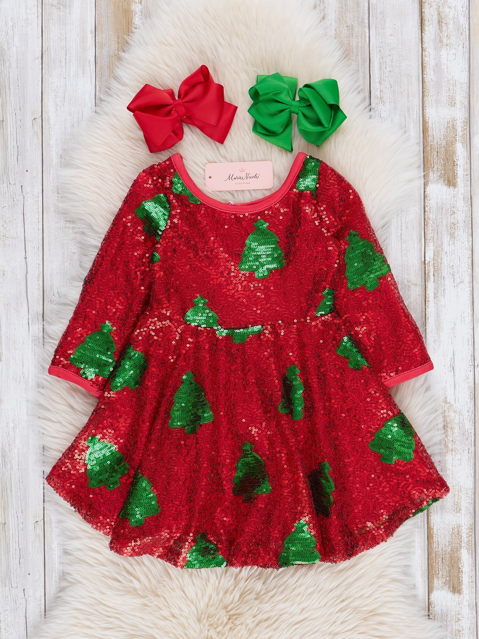 Red Sequin Christmas Tree Dress - Marie Nicole Clothing