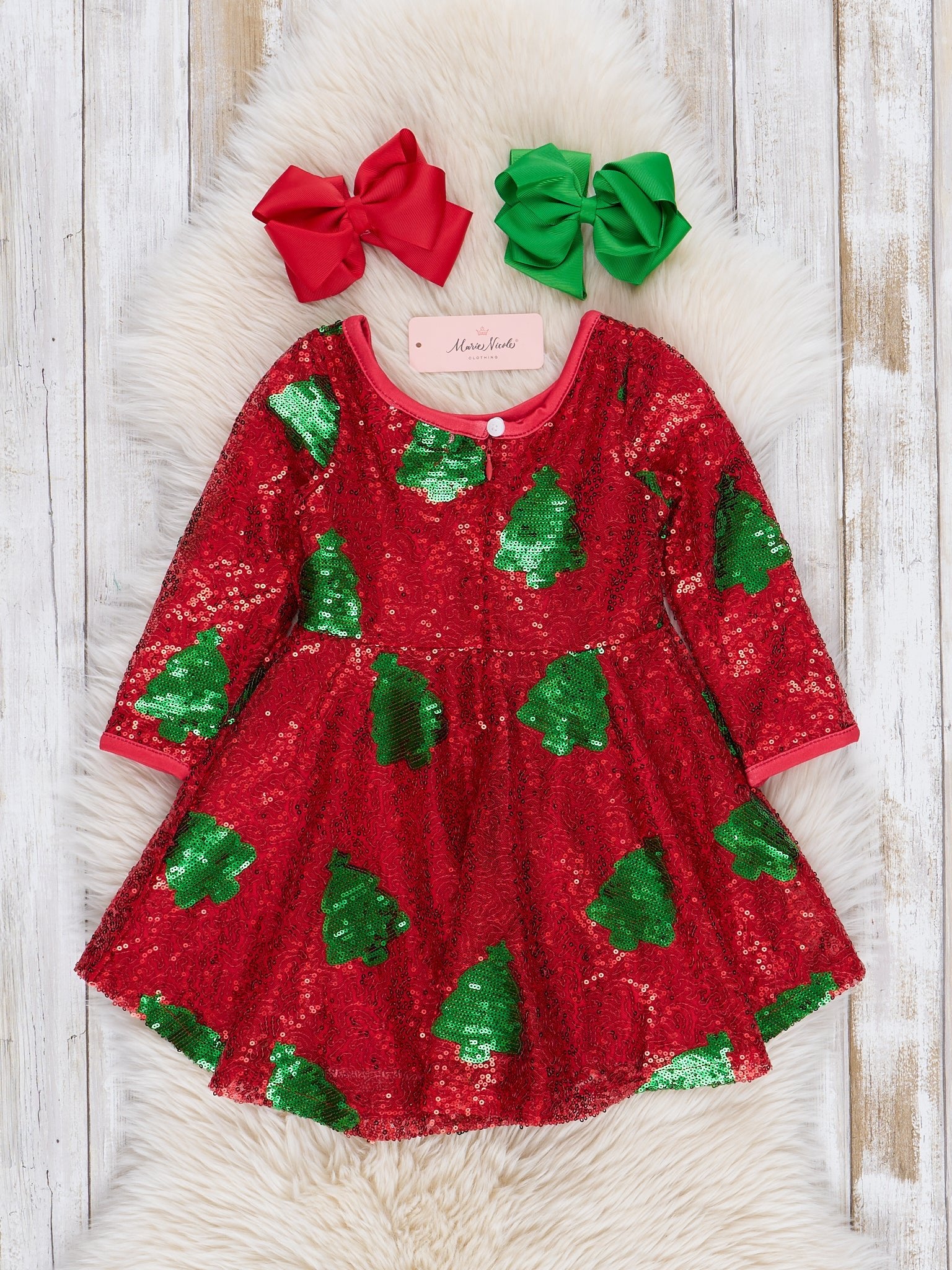 Red Sequin Christmas Tree Dress - Marie Nicole Clothing