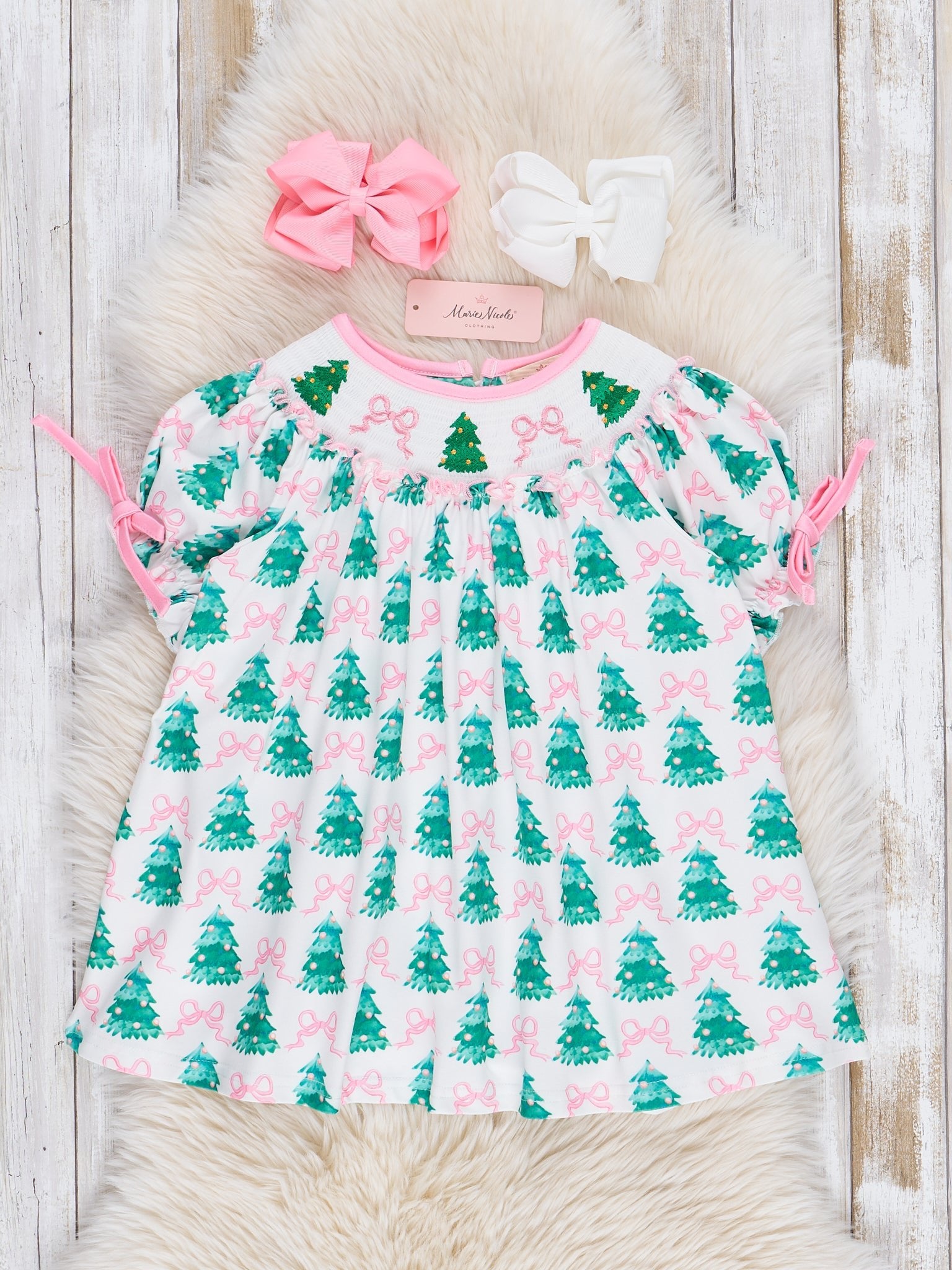 Pink Bows & Evergreens Smocked Dress - Marie Nicole Clothing