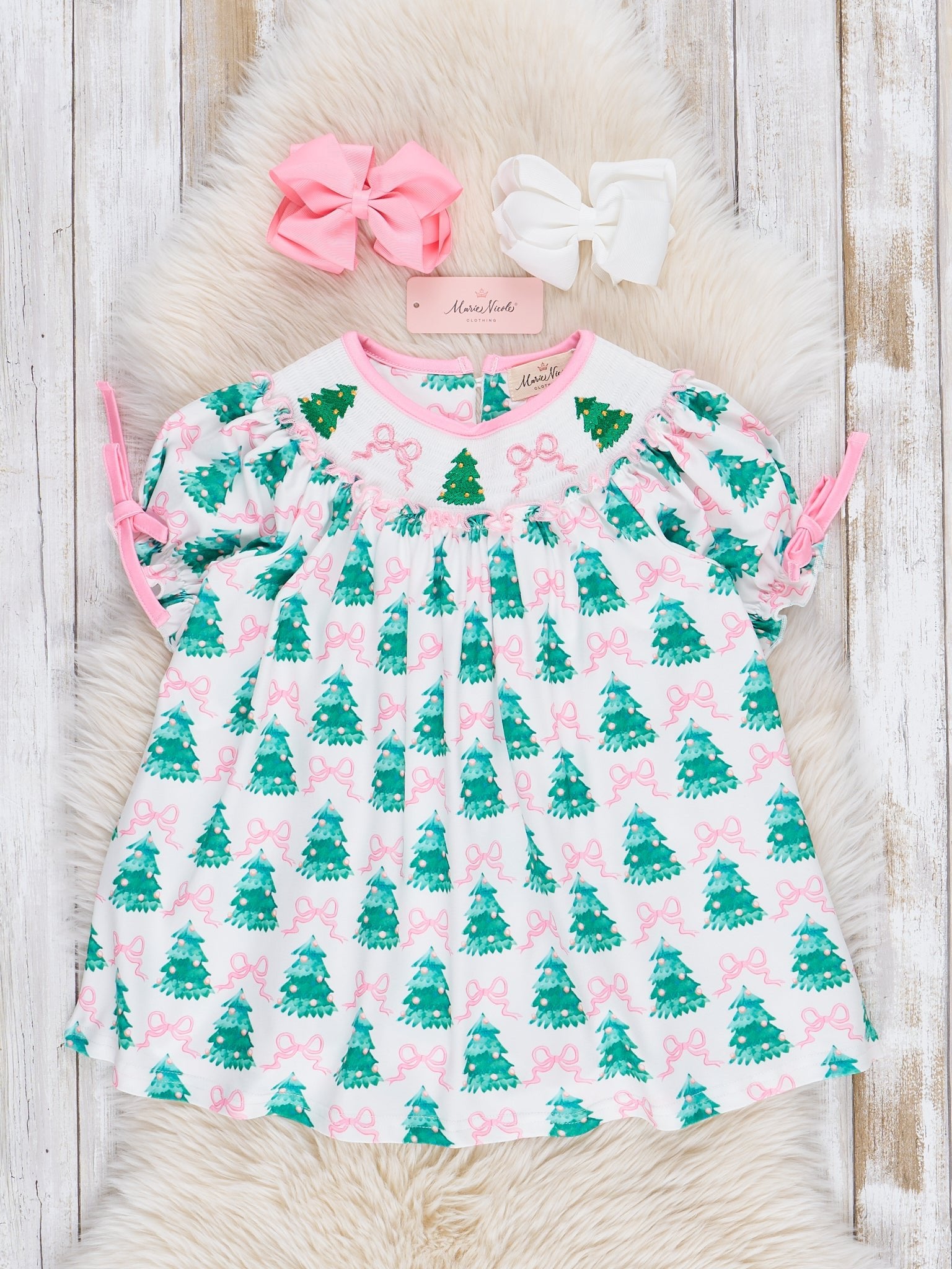 Pink Bows & Evergreens Smocked Dress - Marie Nicole Clothing