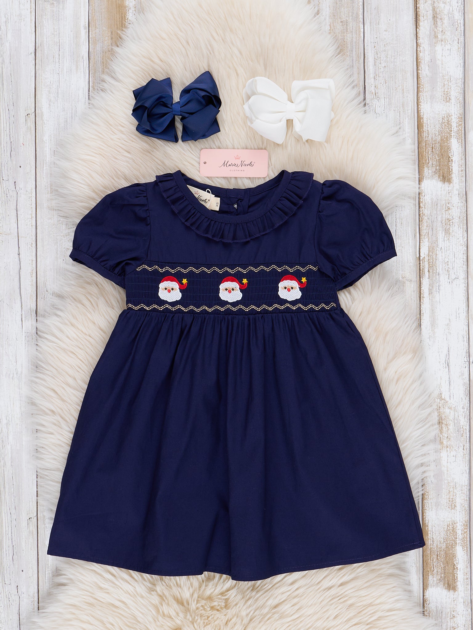 Santa Vintage Smocked Ruffle Dress - Marie Nicole Clothing