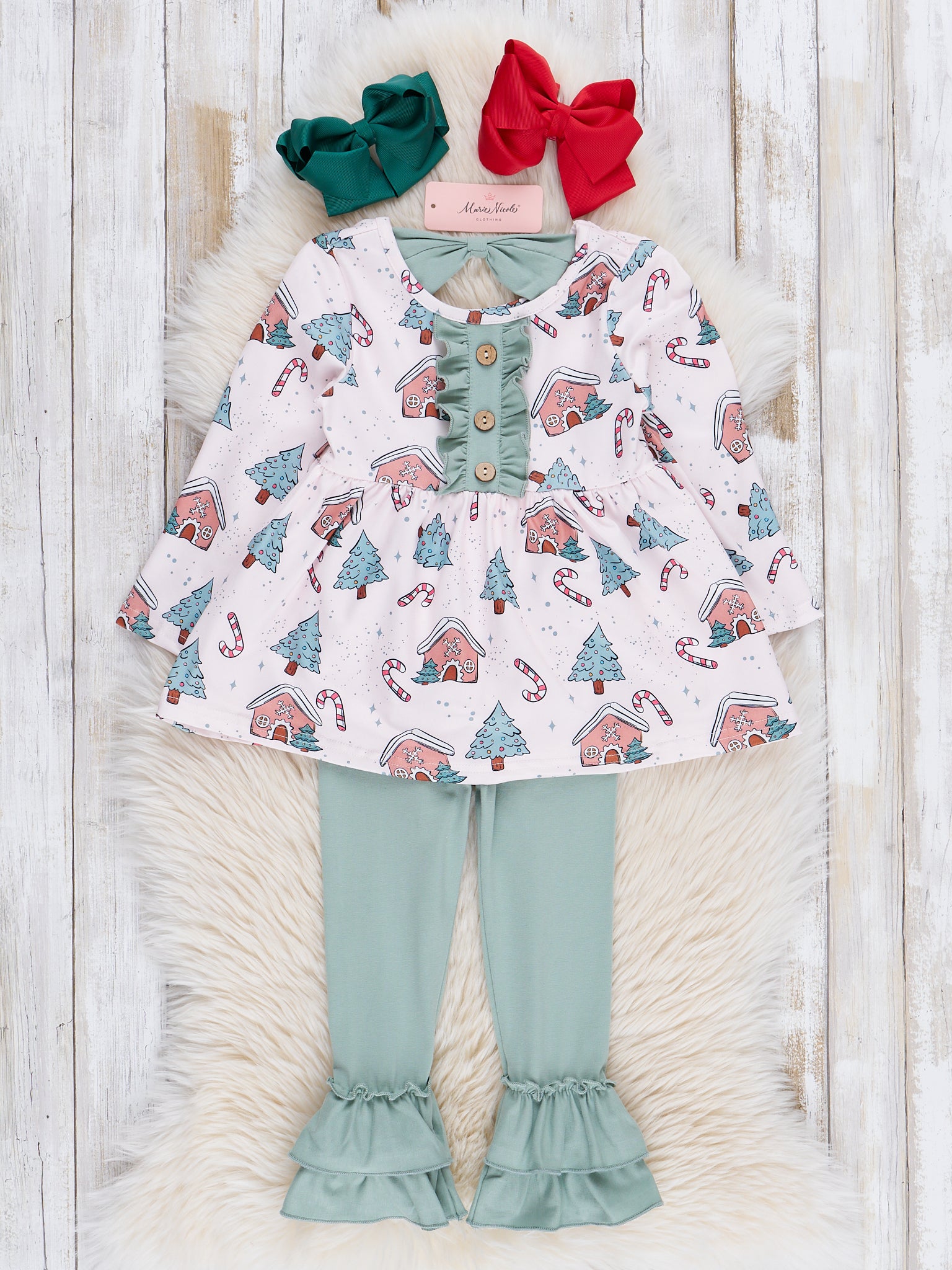 Mint Christmas Village Ruffle Outfit - Marie Nicole Clothing