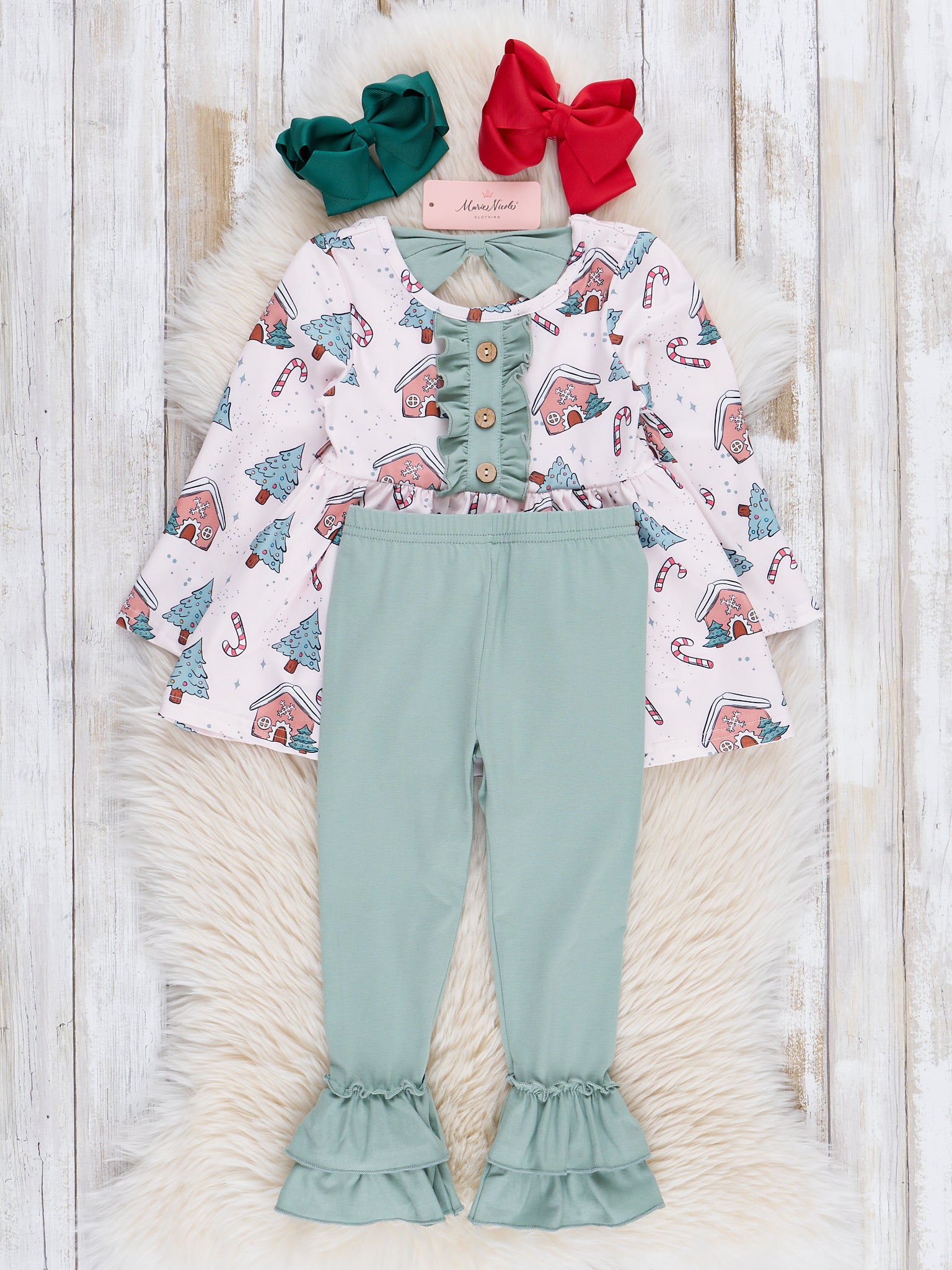 Mint Christmas Village Ruffle Outfit - Marie Nicole Clothing