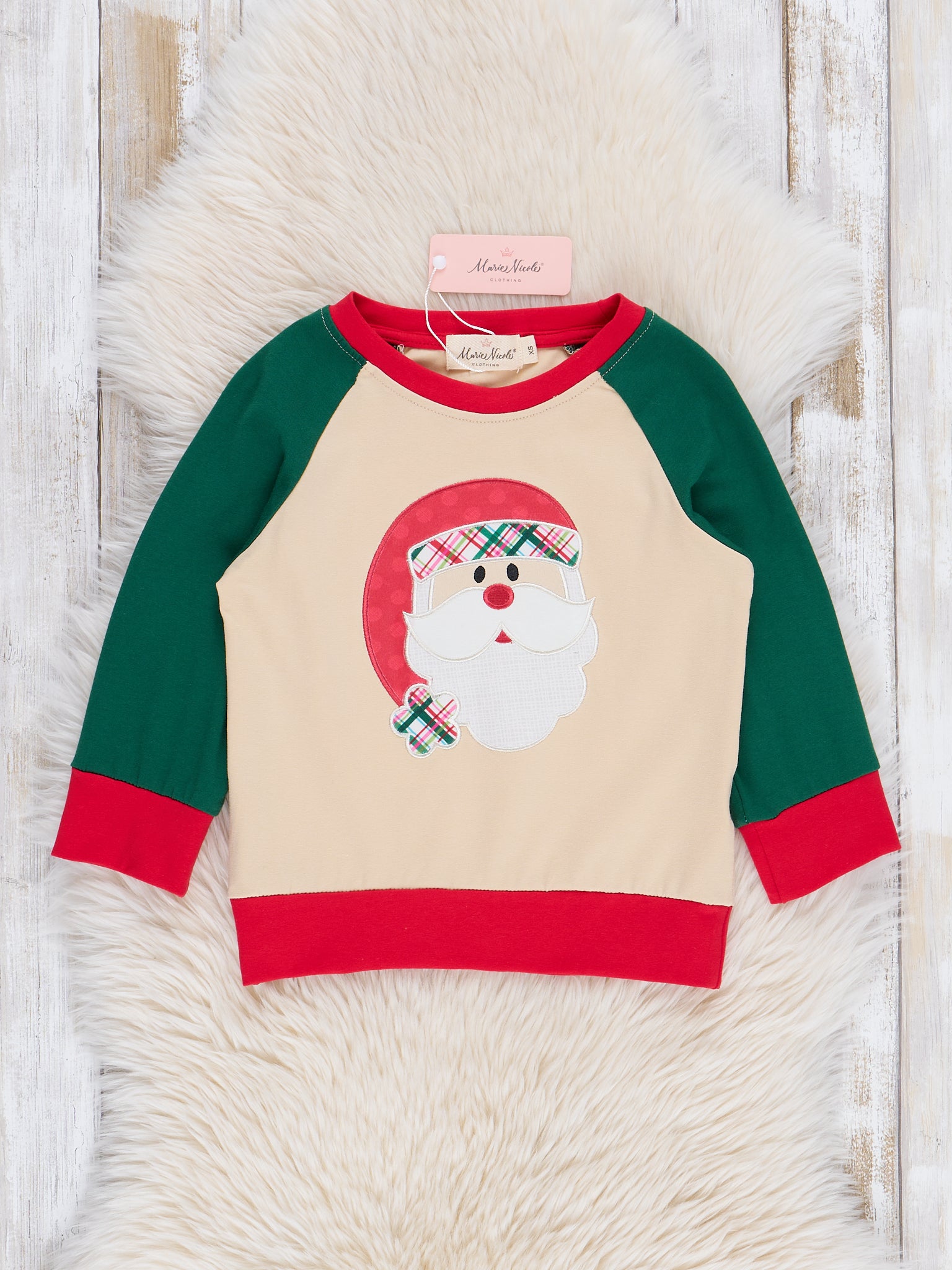 Tan & Green Raglan Embroidered Santa Shirt - Marie Nicole Clothing