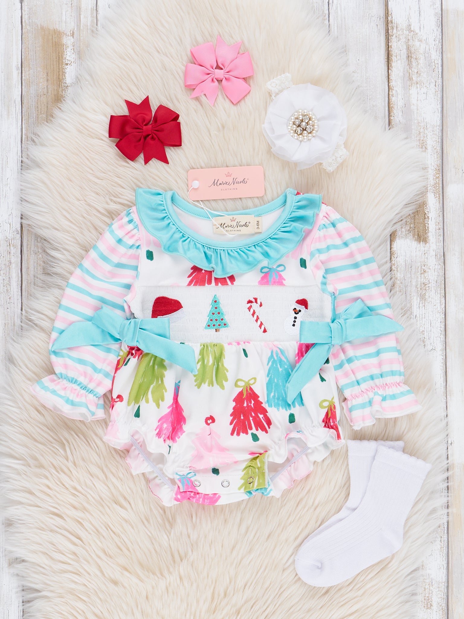 Smocked Christmas Tree Doodles Ruffle Bubble Romper - Marie Nicole Clothing