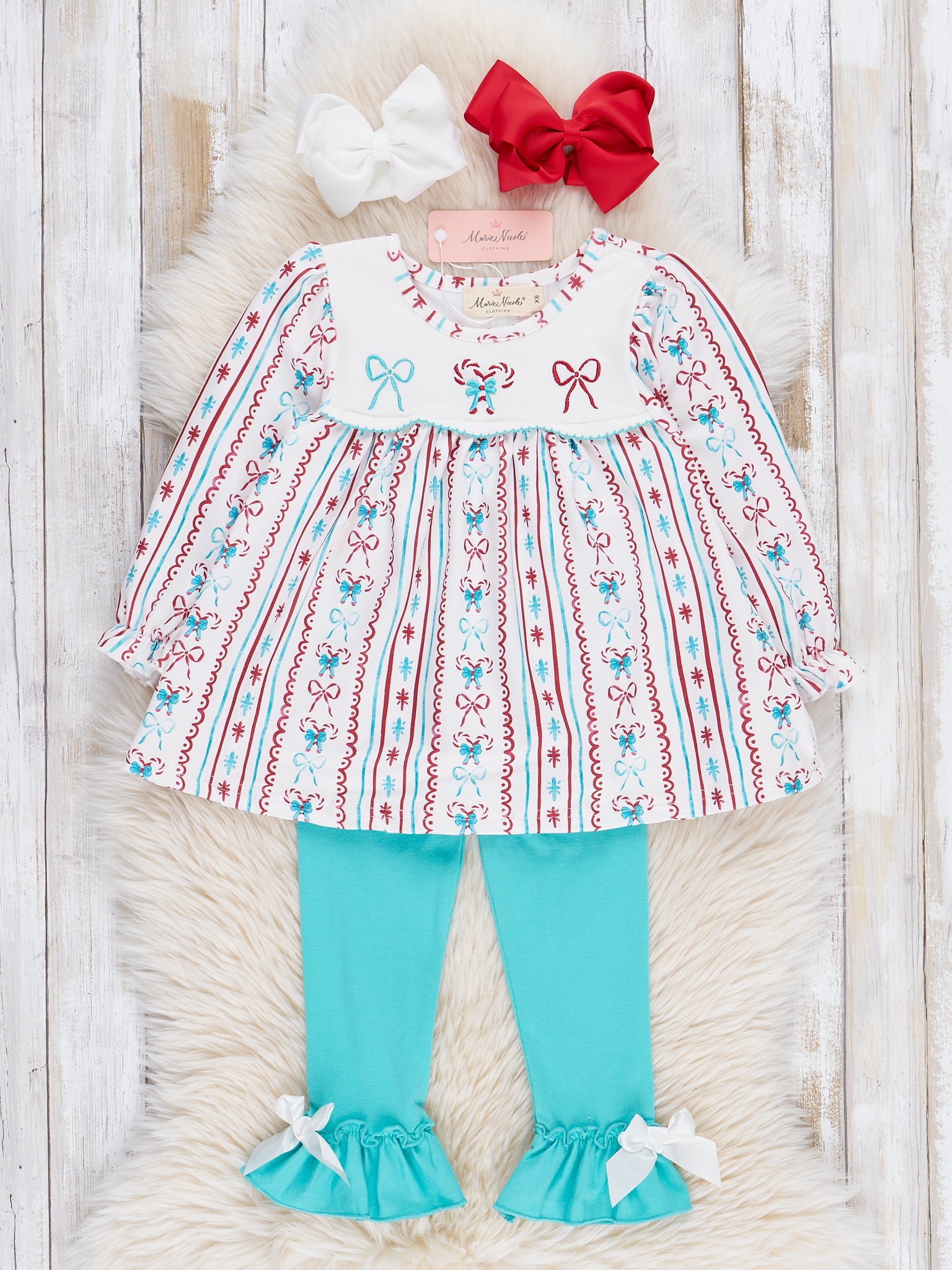 Red & Blue Peppermint Bows Ruffle Outfit - Marie Nicole Clothing