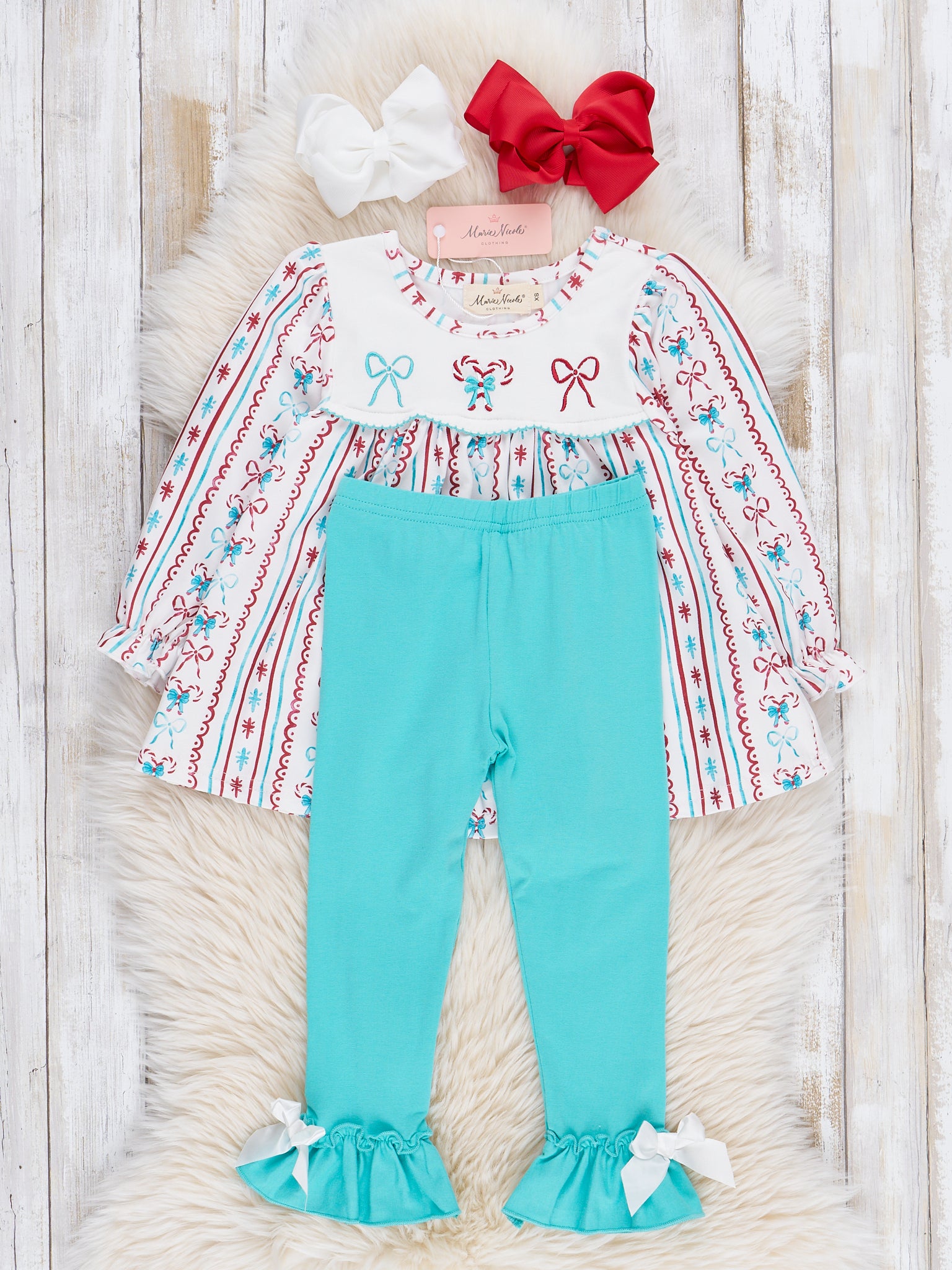 Red & Blue Peppermint Bows Ruffle Outfit - Marie Nicole Clothing