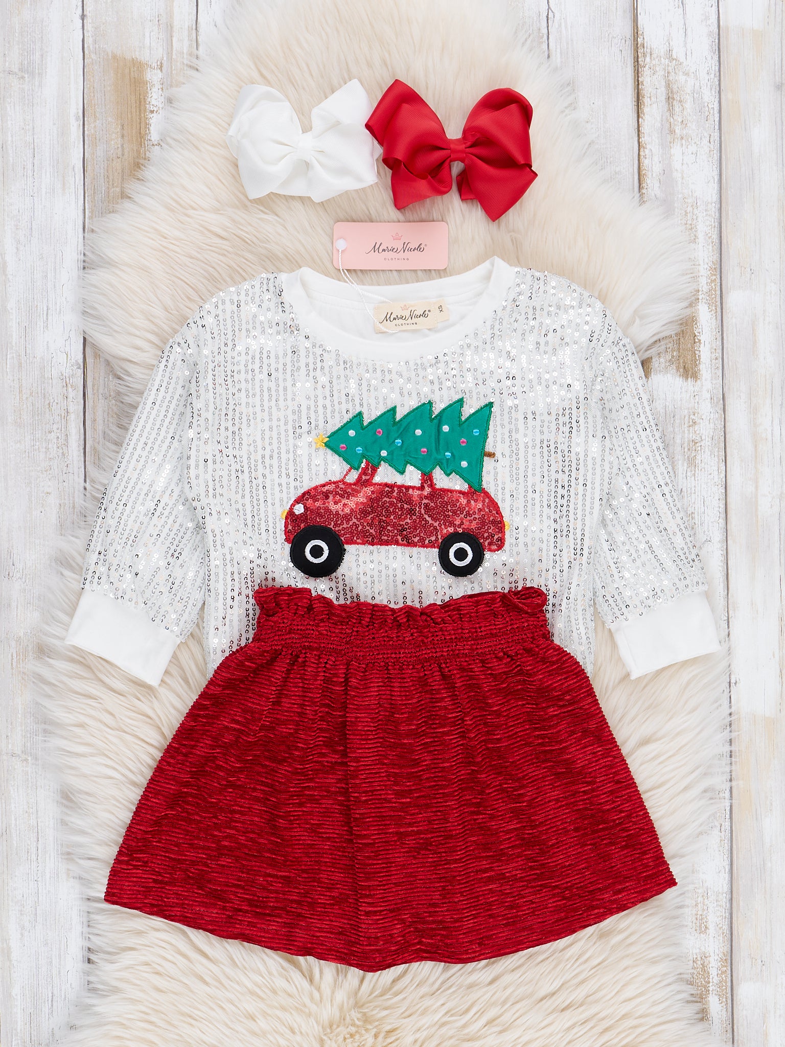 Silver Sequins & Red Velvet Christmas Outfit w/ Skirt - Marie Nicole Clothing