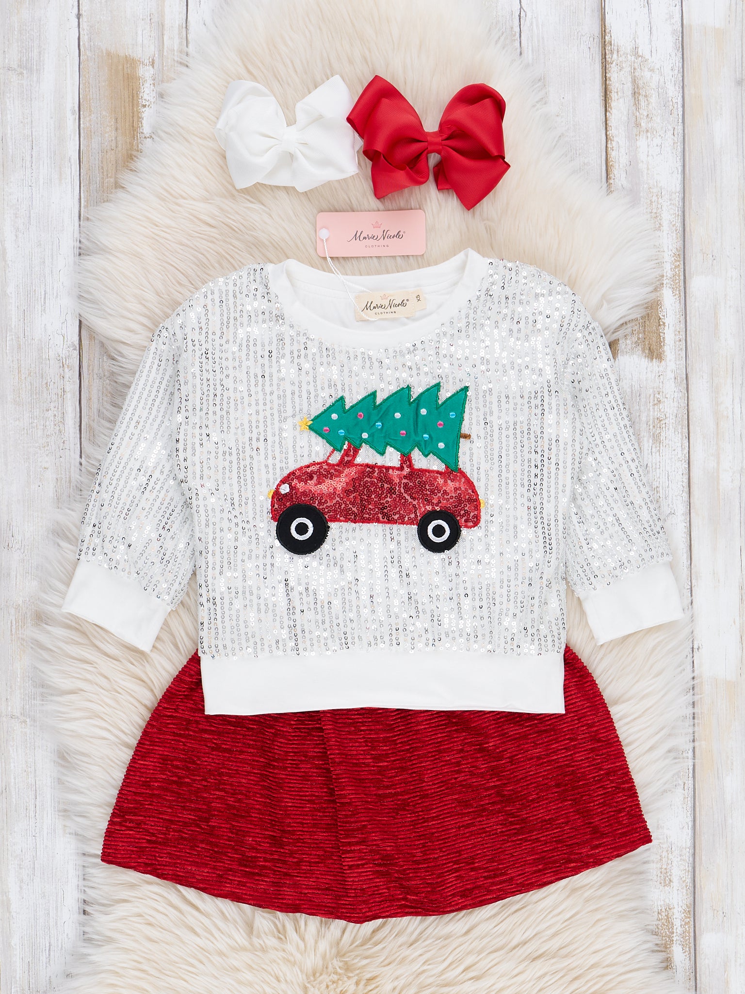 Silver Sequins & Red Velvet Christmas Outfit w/ Skirt - Marie Nicole Clothing